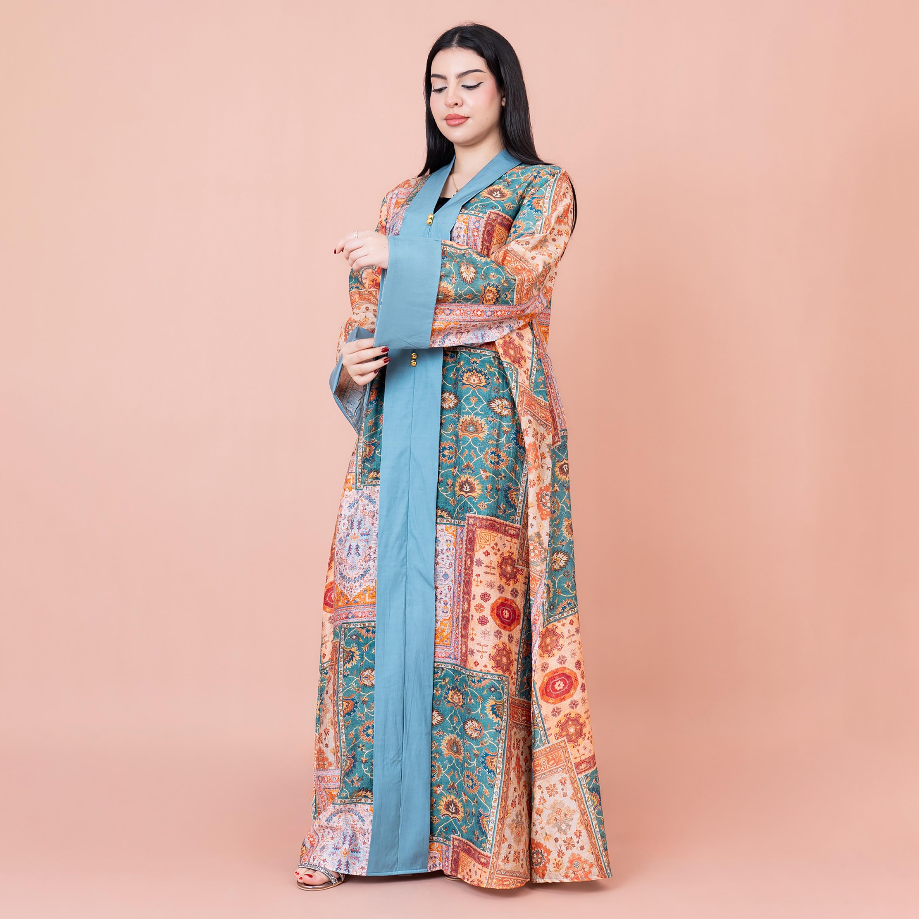 IKKXA Floral and Tribal Print Folded Cuff Flared Sleeves Women's Color Splash Jalabiya-women-arabicclothing-jalabiyas-image-3
