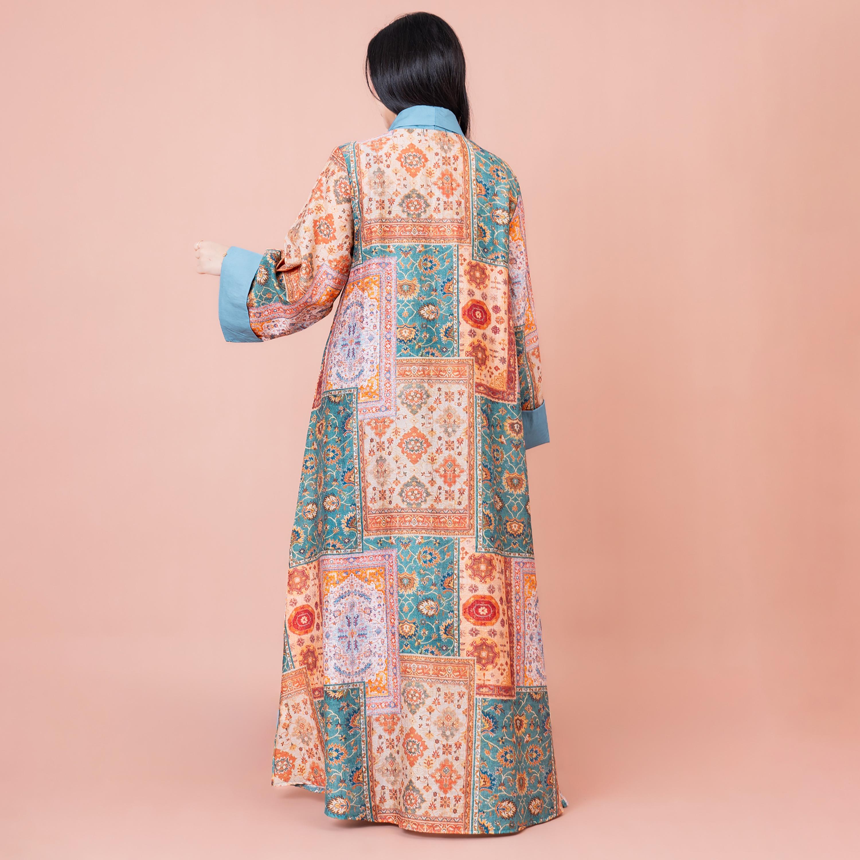 IKKXA Floral and Tribal Print Folded Cuff Flared Sleeves Women's Color Splash Jalabiya-women-arabicclothing-jalabiyas-image-4
