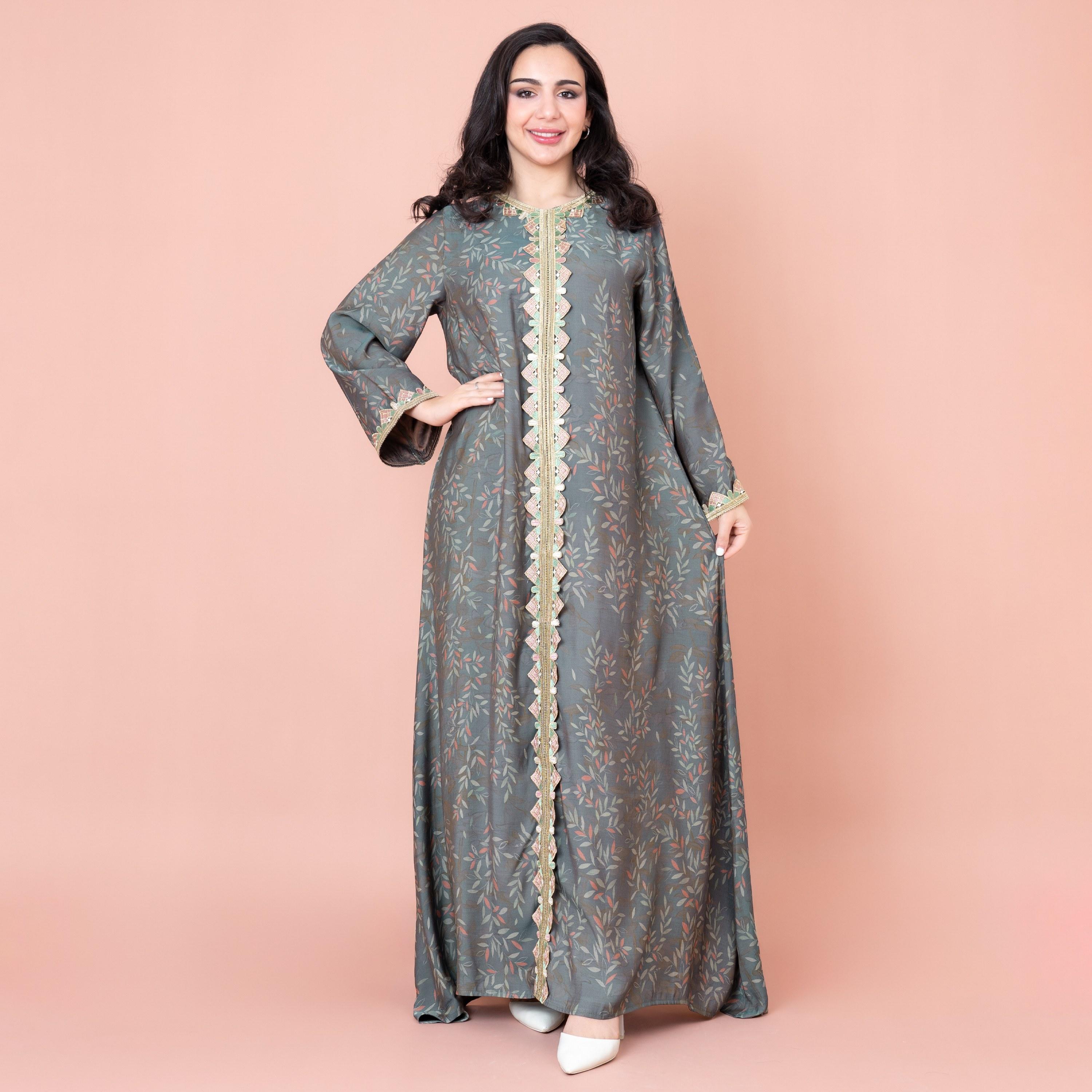 IKKXA Leaf Printed and Embroidered Jalabiya-women-arabicclothing-jalabiyas-image-1