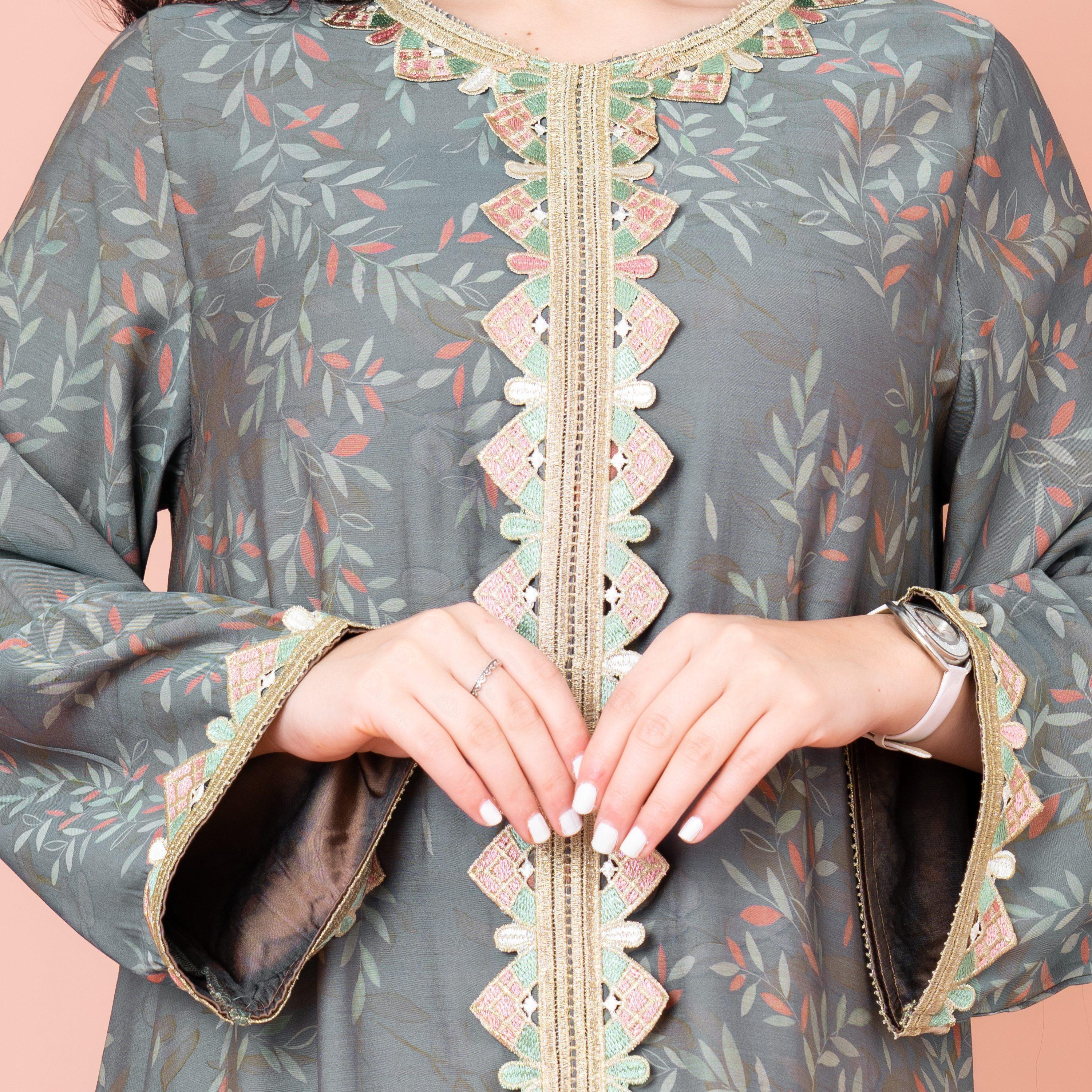 IKKXA Leaf Printed and Embroidered Jalabiya-women-arabicclothing-jalabiyas-image-2