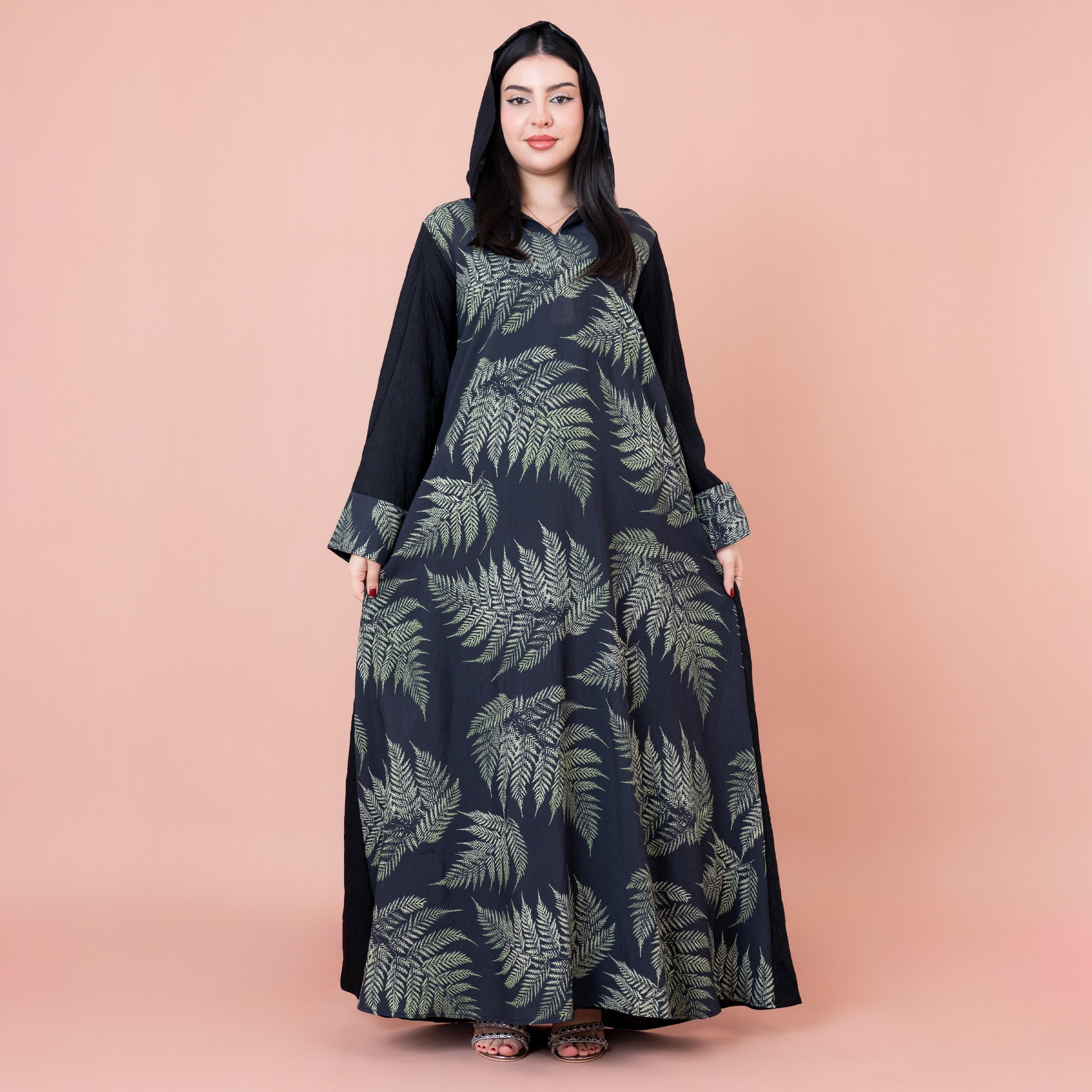 IKKXA Leaf Printed Hooded Jalabiya-women-arabicclothing-jalabiyas-image-1