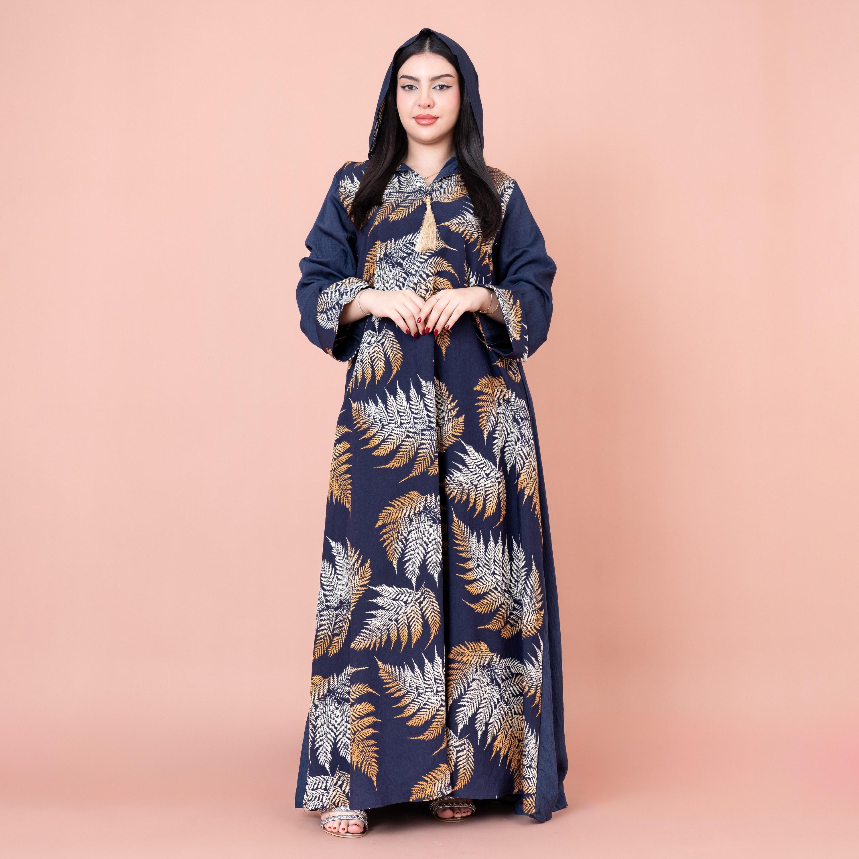 جلابية بغطاء رأس مطبوعة بأوراق شجر من إيككسا-women-arabicclothing-jalabiyas-image-1