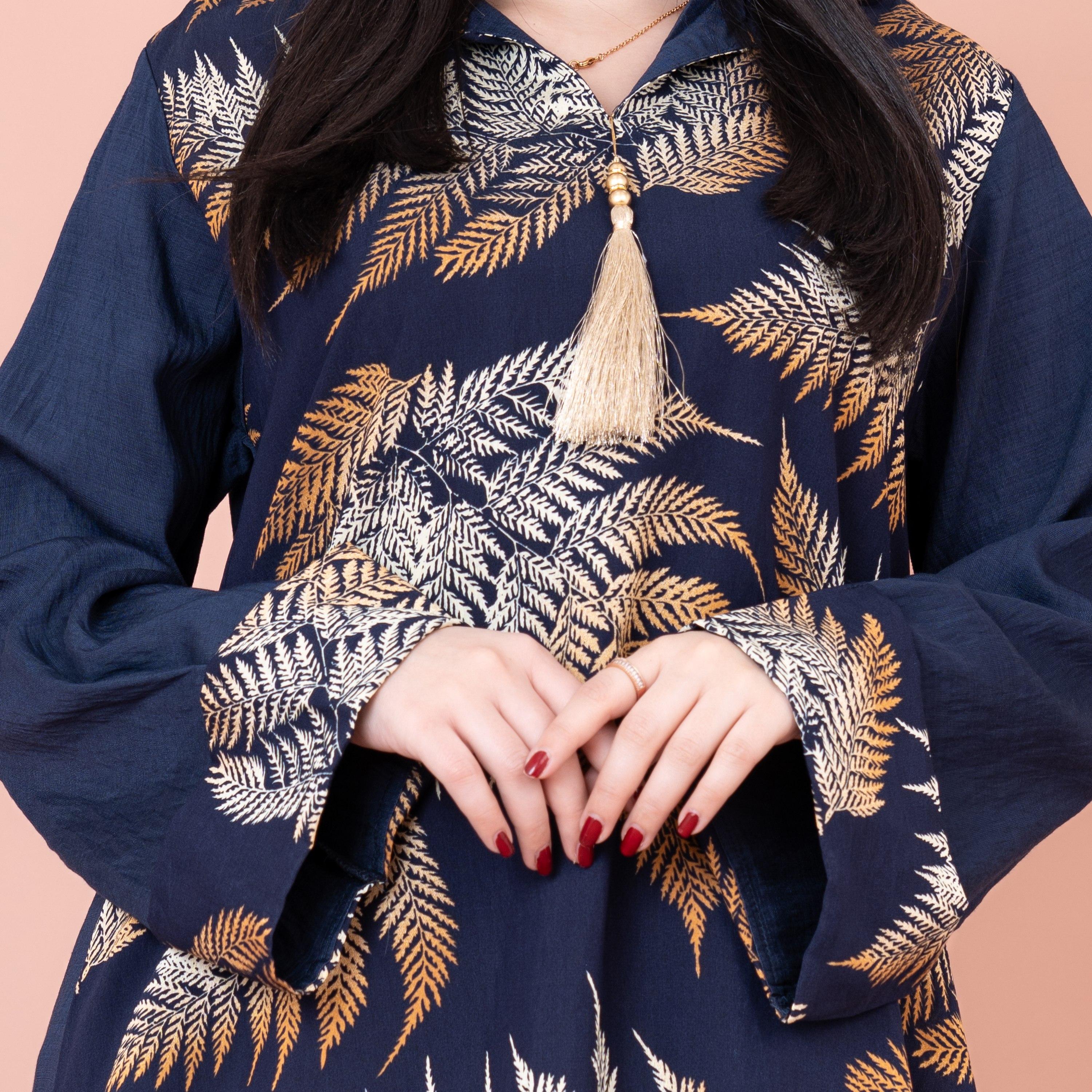 جلابية بغطاء رأس مطبوعة بأوراق شجر من إيككسا-women-arabicclothing-jalabiyas-image-2