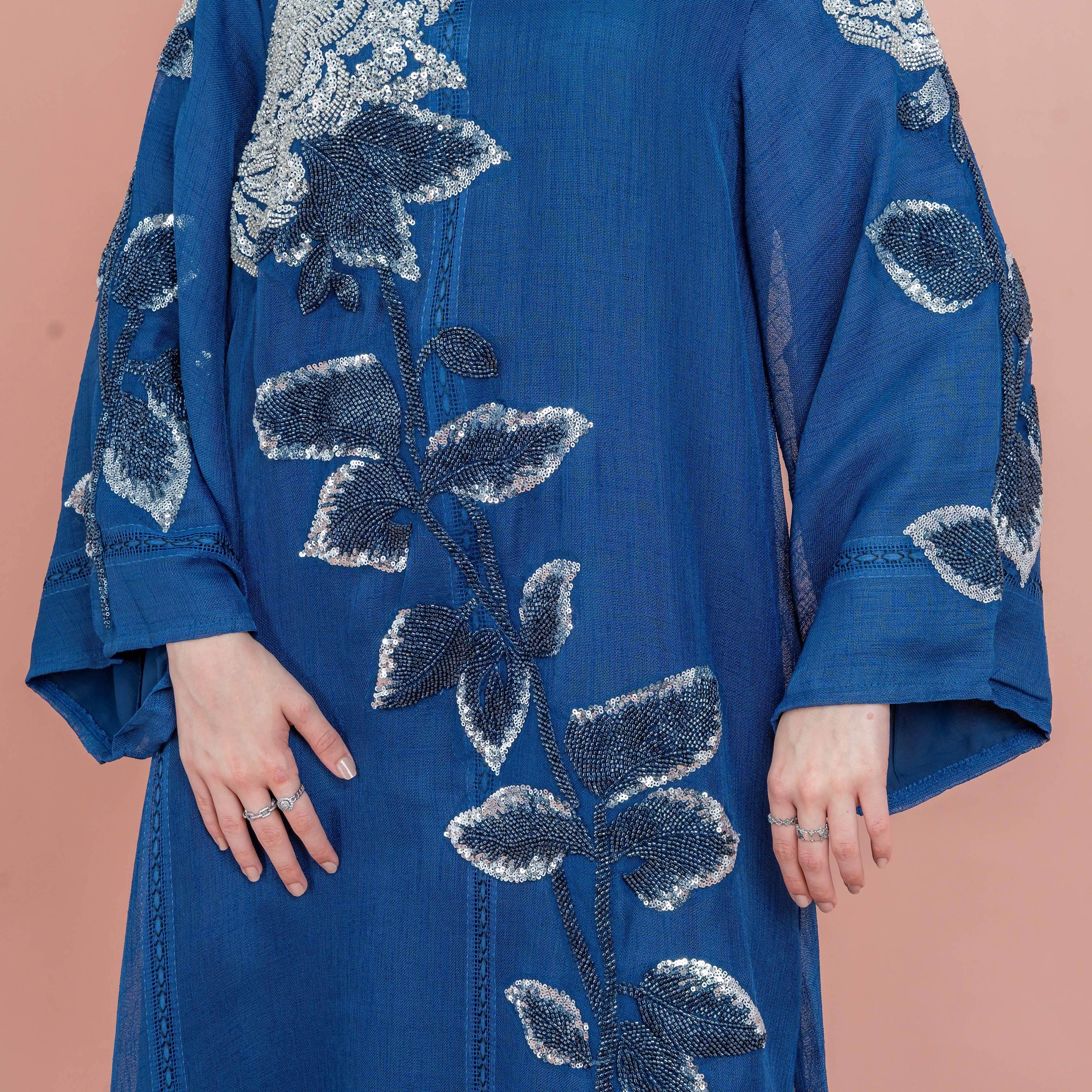 جلابية سهرة نسائية بياقة الماندرين، مزينة بالخرز يدويًا والترتر من إككسا-women-arabicclothing-jalabiyas-image-2