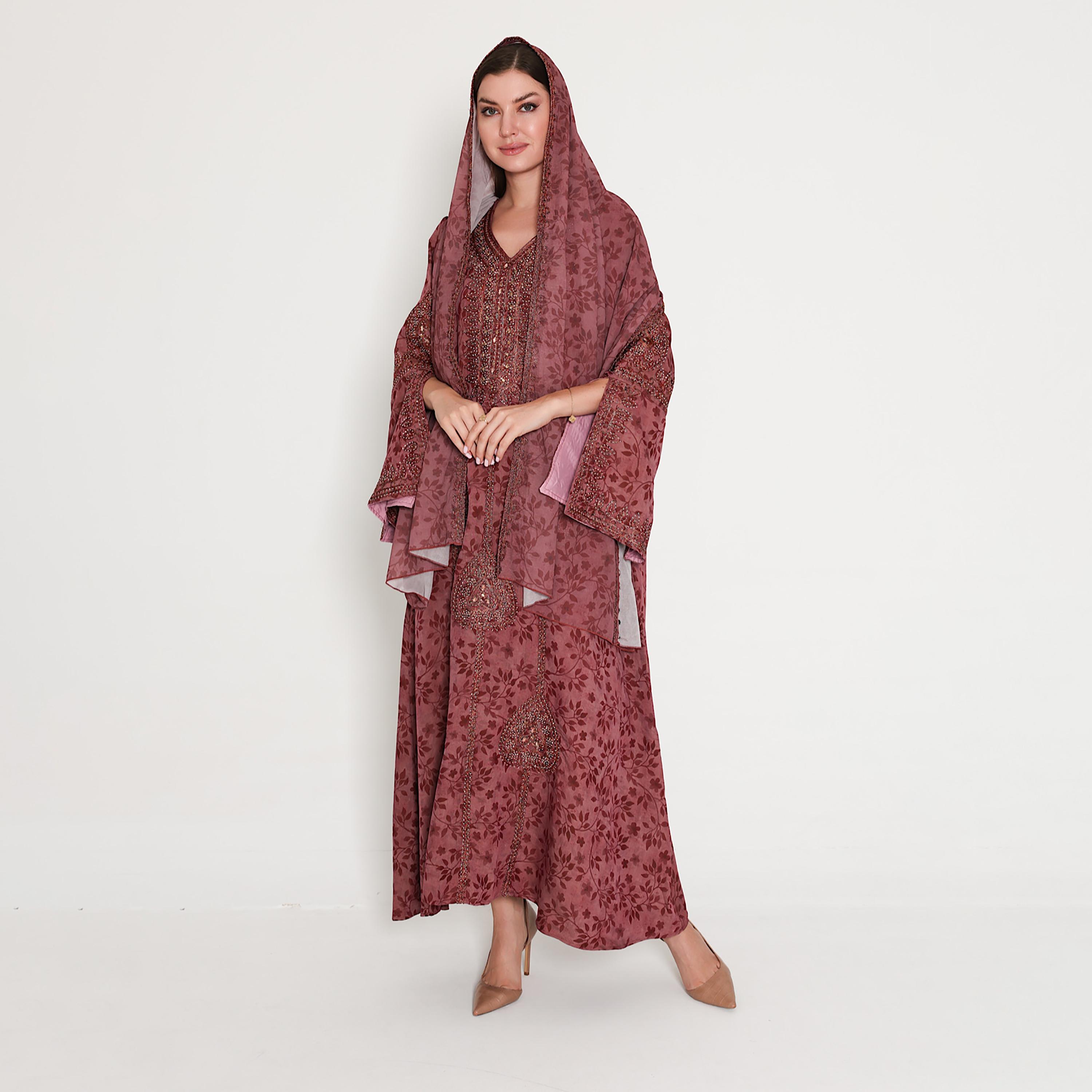 IKKXA Embroidered with Leaf Print Flared Slit Sleeves Women's Jalabiya with Scarf-women-arabicclothing-jalabiyas-image-1