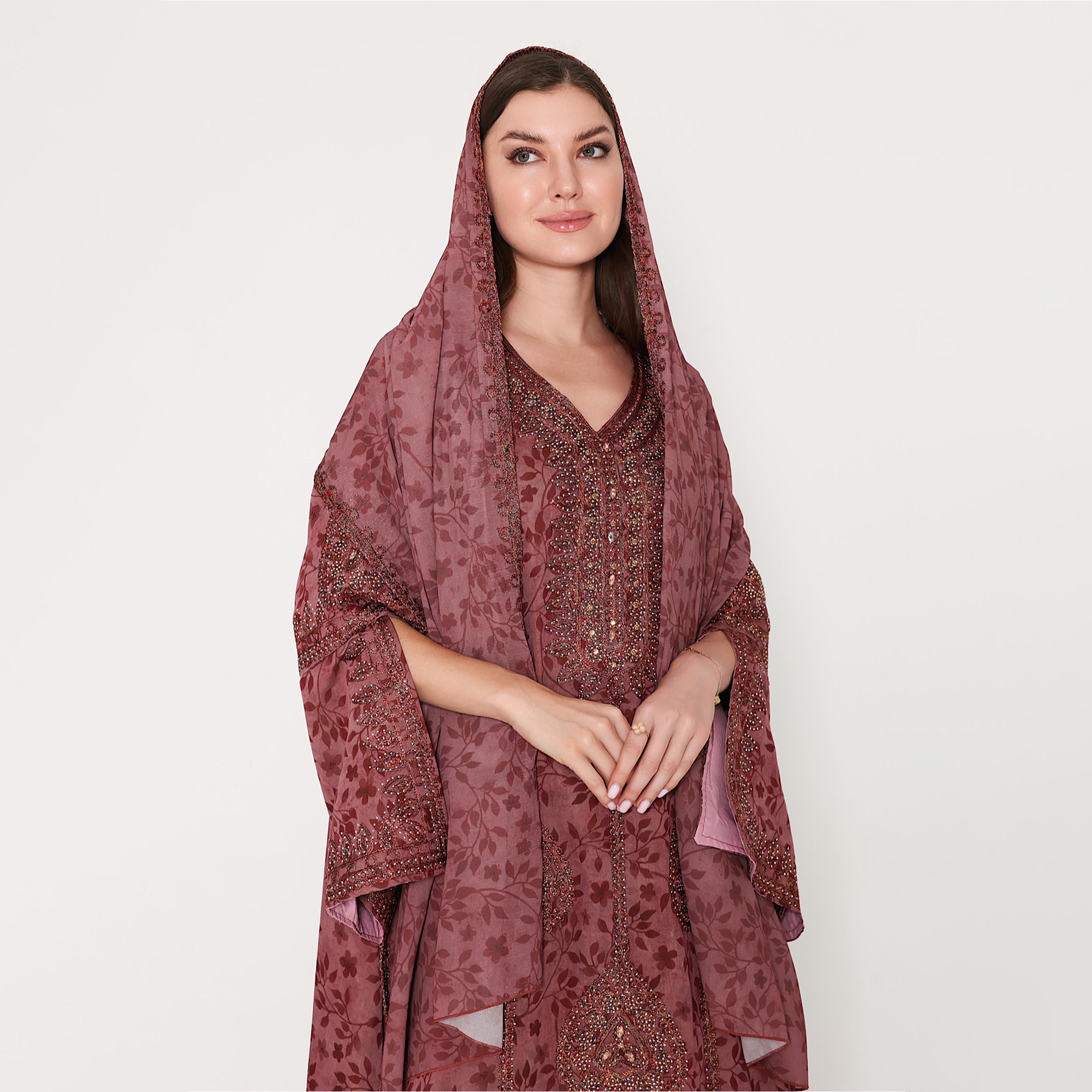 IKKXA Embroidered with Leaf Print Flared Slit Sleeves Women's Jalabiya with Scarf-women-arabicclothing-jalabiyas-image-2