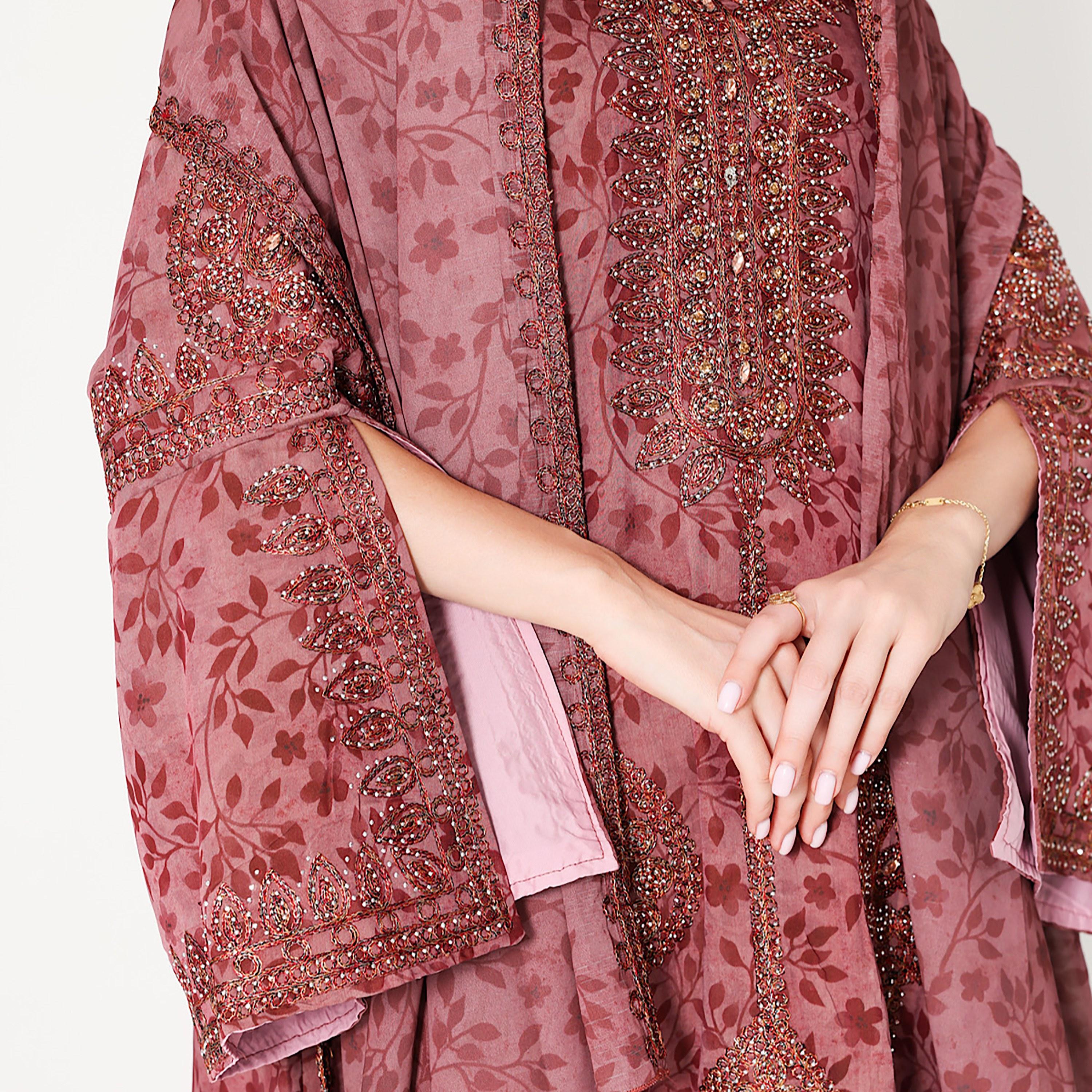 IKKXA Embroidered with Leaf Print Flared Slit Sleeves Women's Jalabiya with Scarf-women-arabicclothing-jalabiyas-image-3
