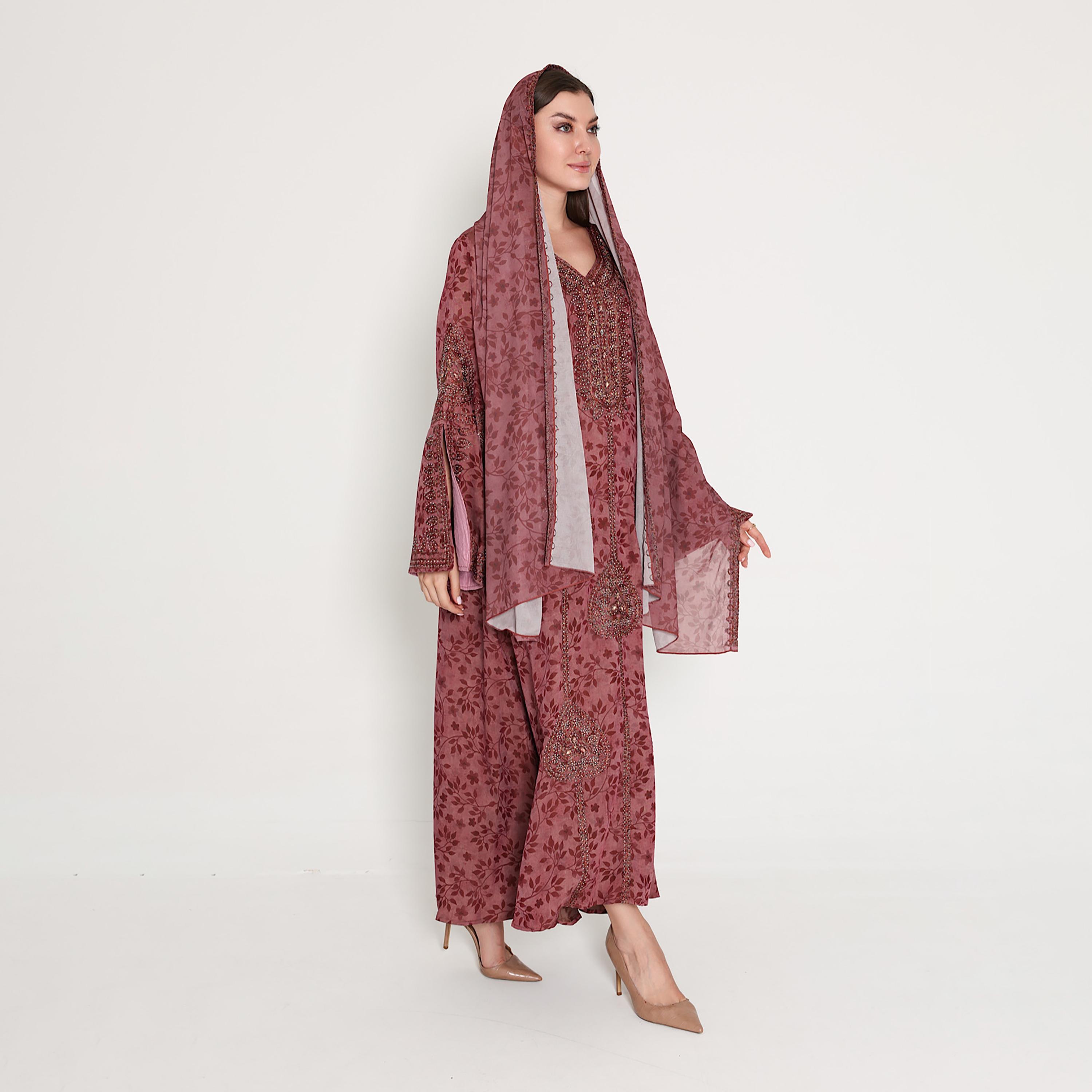 IKKXA Embroidered with Leaf Print Flared Slit Sleeves Women's Jalabiya with Scarf-women-arabicclothing-jalabiyas-image-4