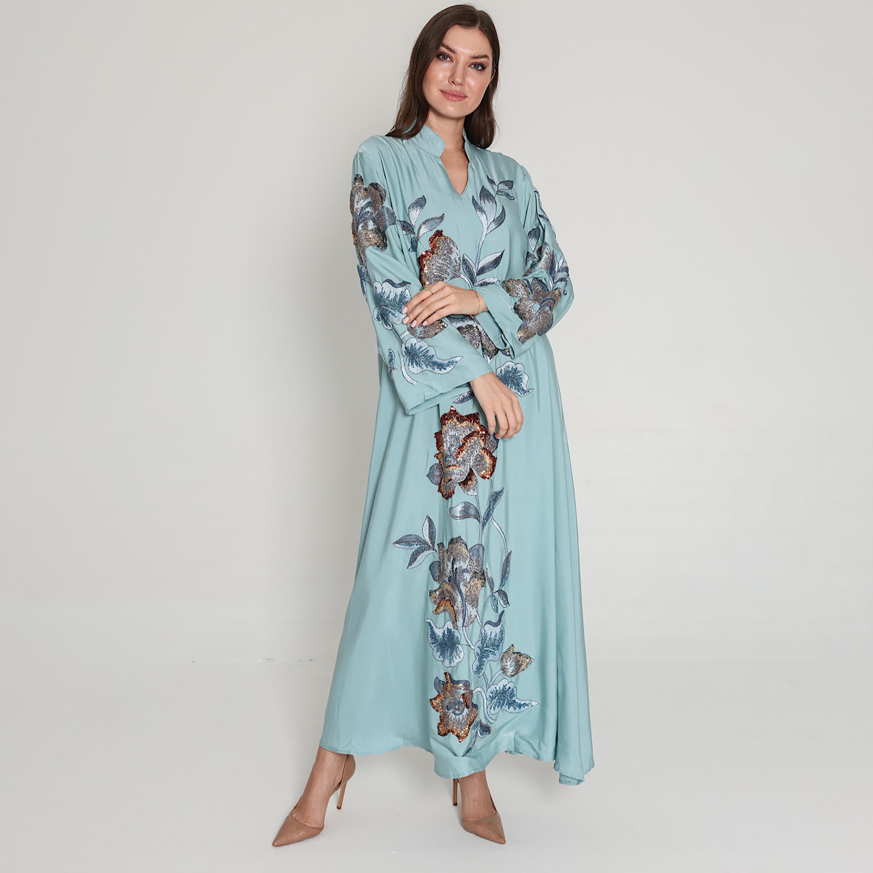 IKKXA Bead Work and Floral Embroidered Mandarin Collar Women's Jalabiya-women-arabicclothing-jalabiyas-image-1