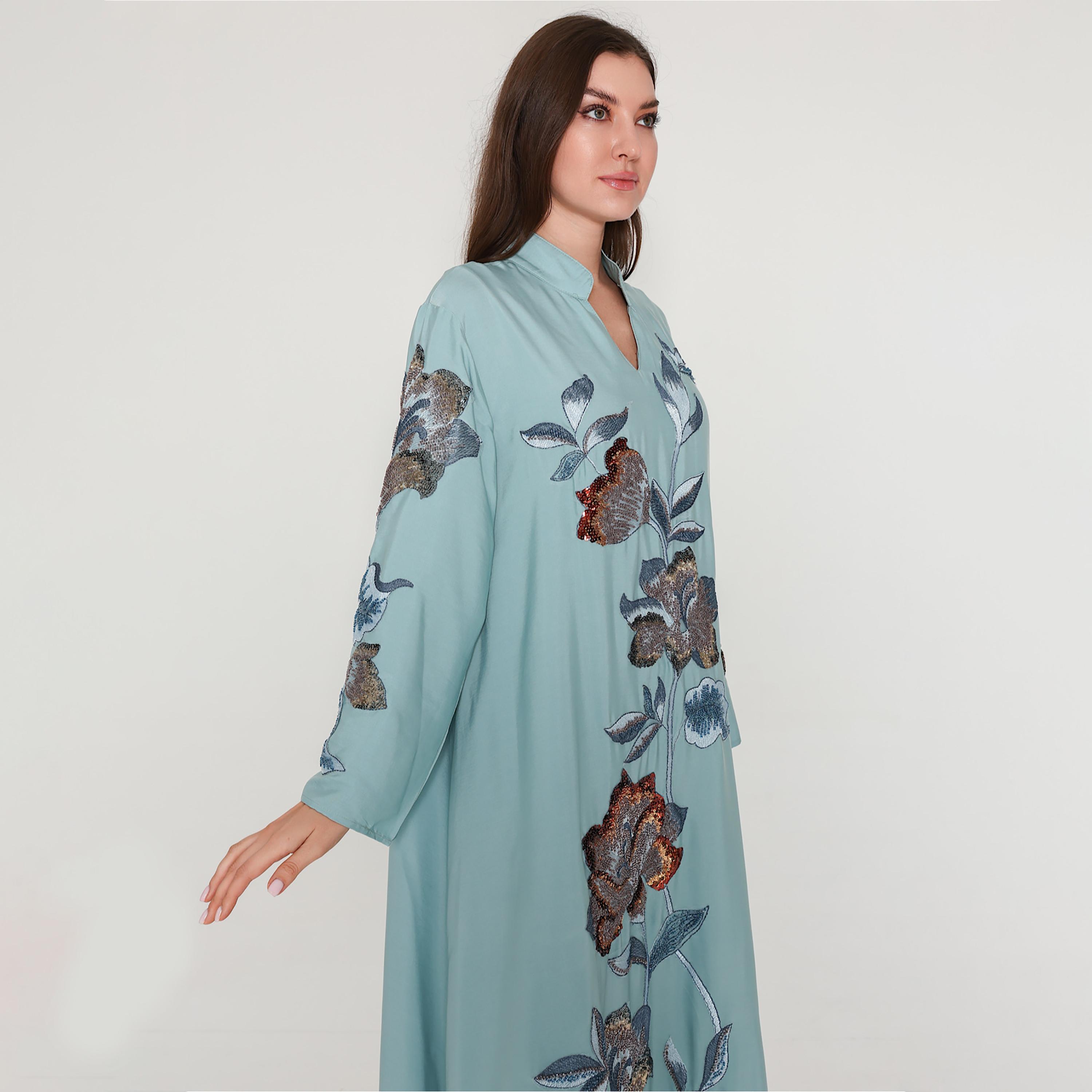 IKKXA Bead Work and Floral Embroidered Mandarin Collar Women's Jalabiya-women-arabicclothing-jalabiyas-image-2