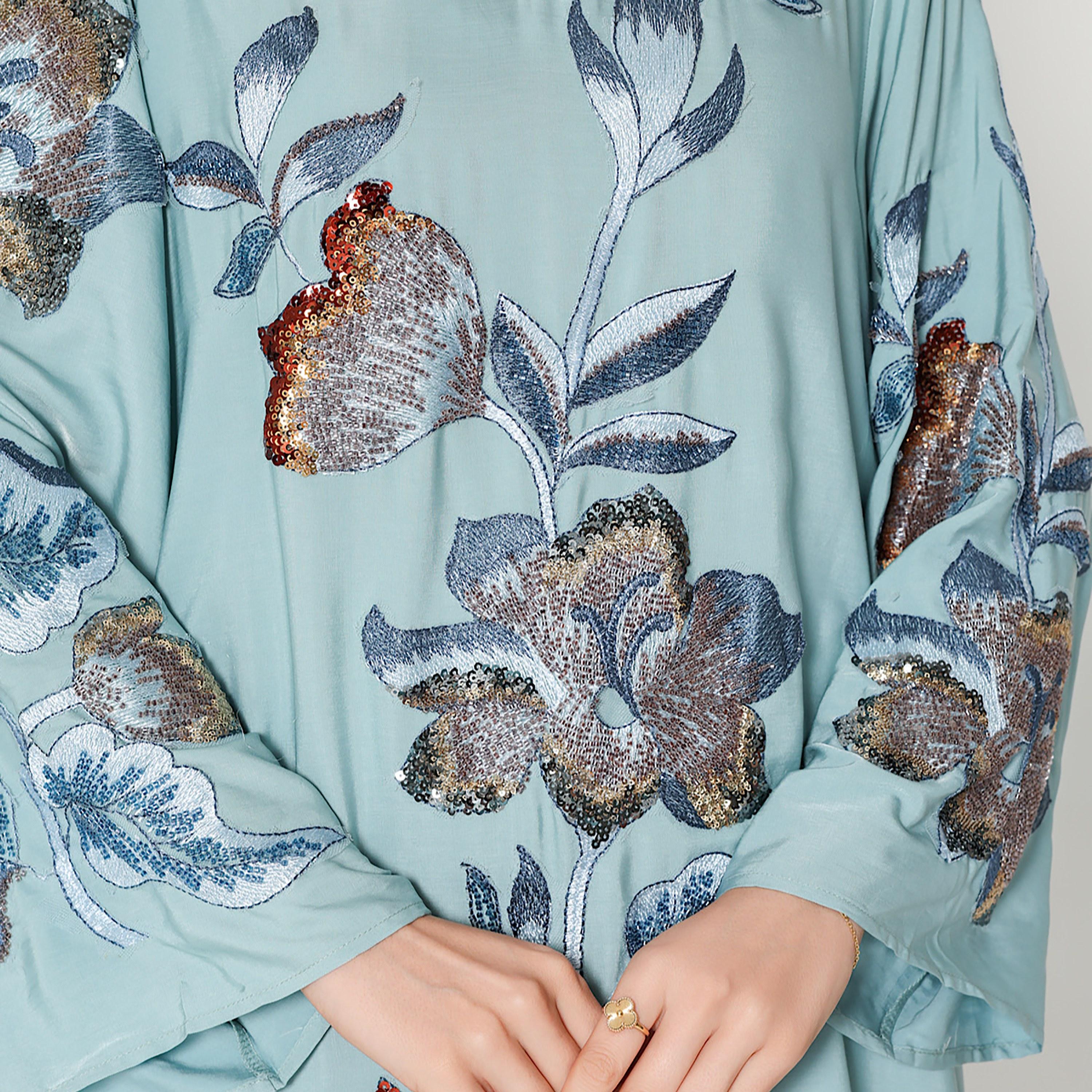 IKKXA Bead Work and Floral Embroidered Mandarin Collar Women's Jalabiya-women-arabicclothing-jalabiyas-image-3