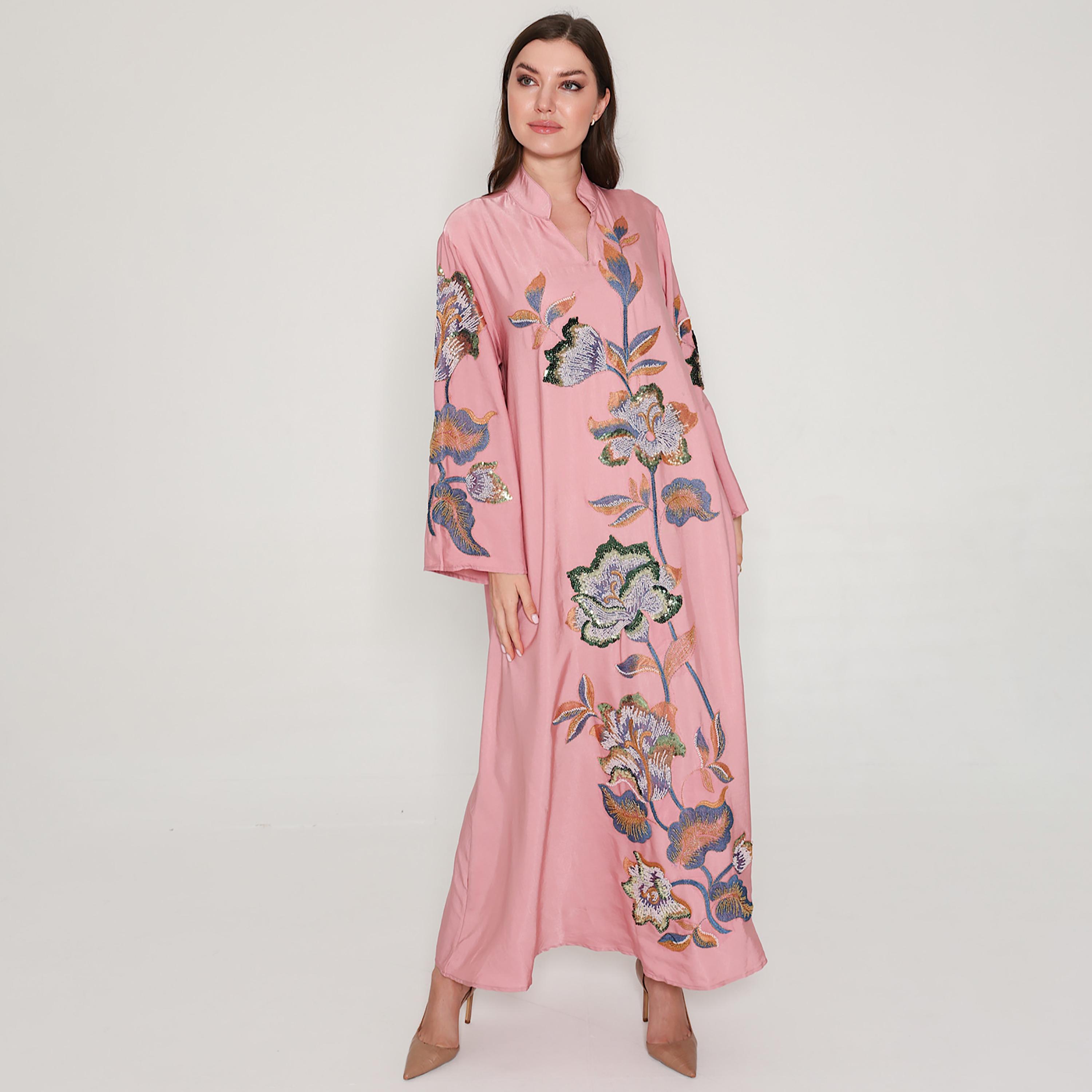 IKKXA Bead Work and Floral Embroidered Mandarin Collar Women's Jalabiya-women-arabicclothing-jalabiyas-image-1