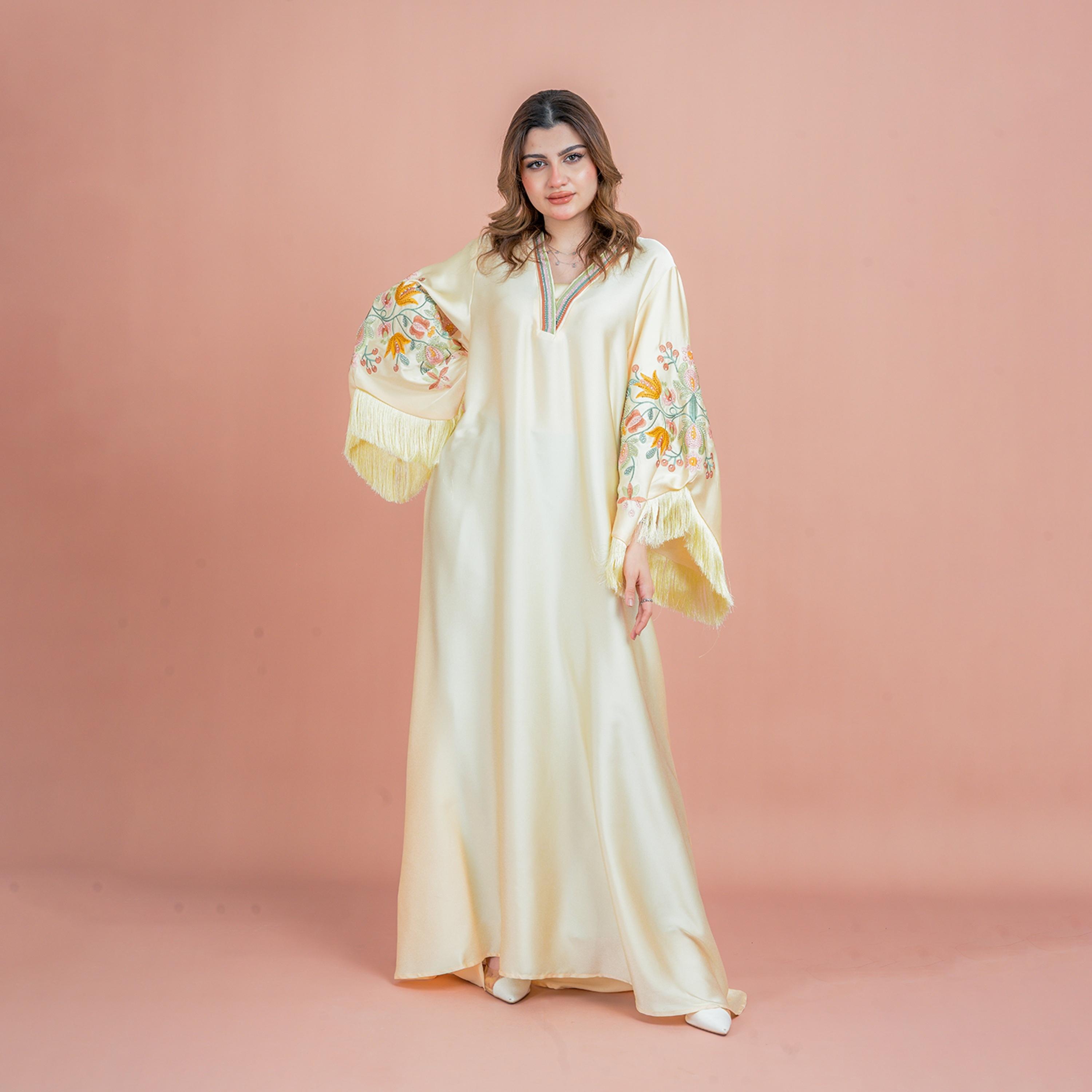 IKKXA Fringed Flared Sleeves Rhinestone and Embroidered Satin Sheen Women's Evening Jalabiya-women-arabicclothing-jalabiyas-image-1