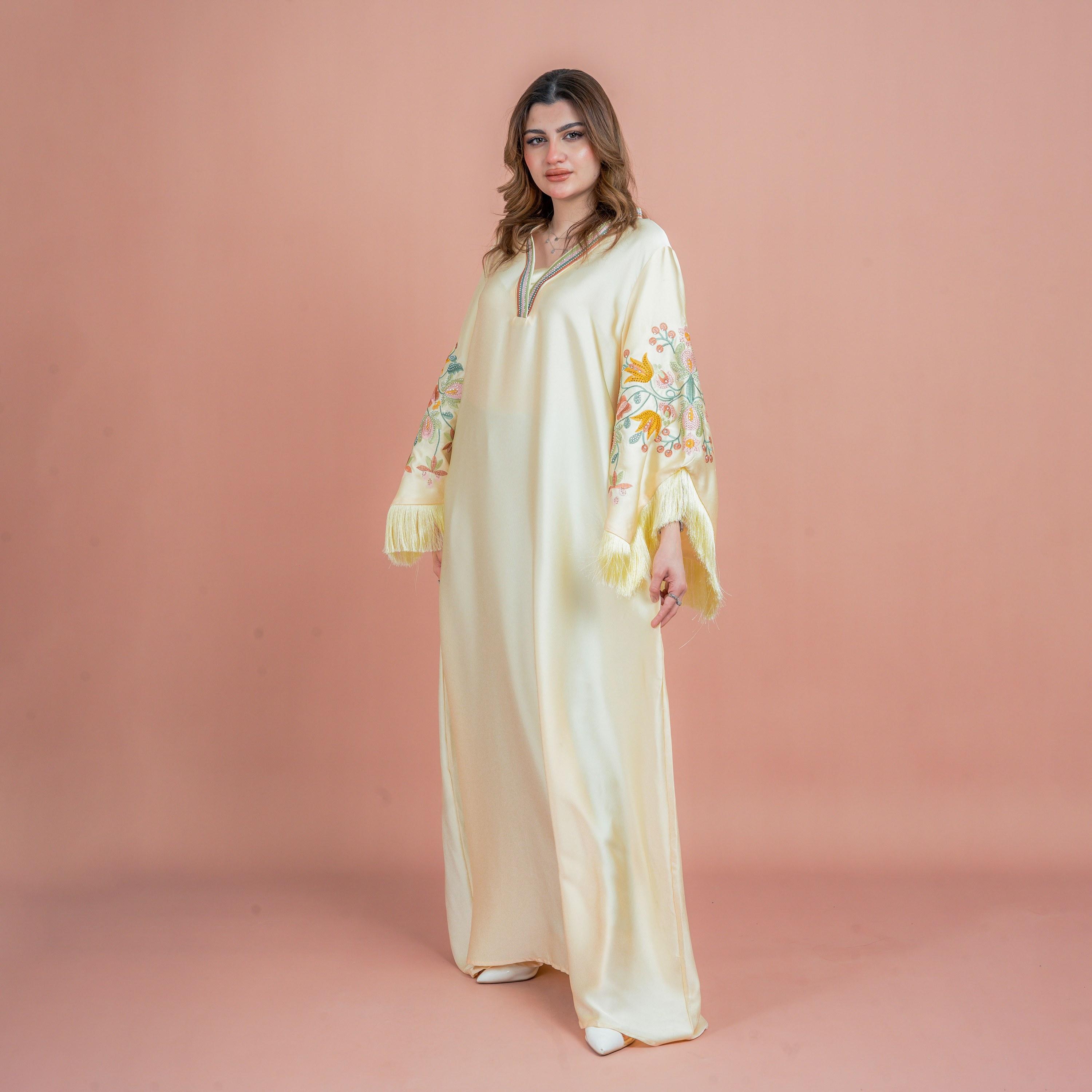 IKKXA Fringed Flared Sleeves Rhinestone and Embroidered Satin Sheen Women's Evening Jalabiya-women-arabicclothing-jalabiyas-image-3
