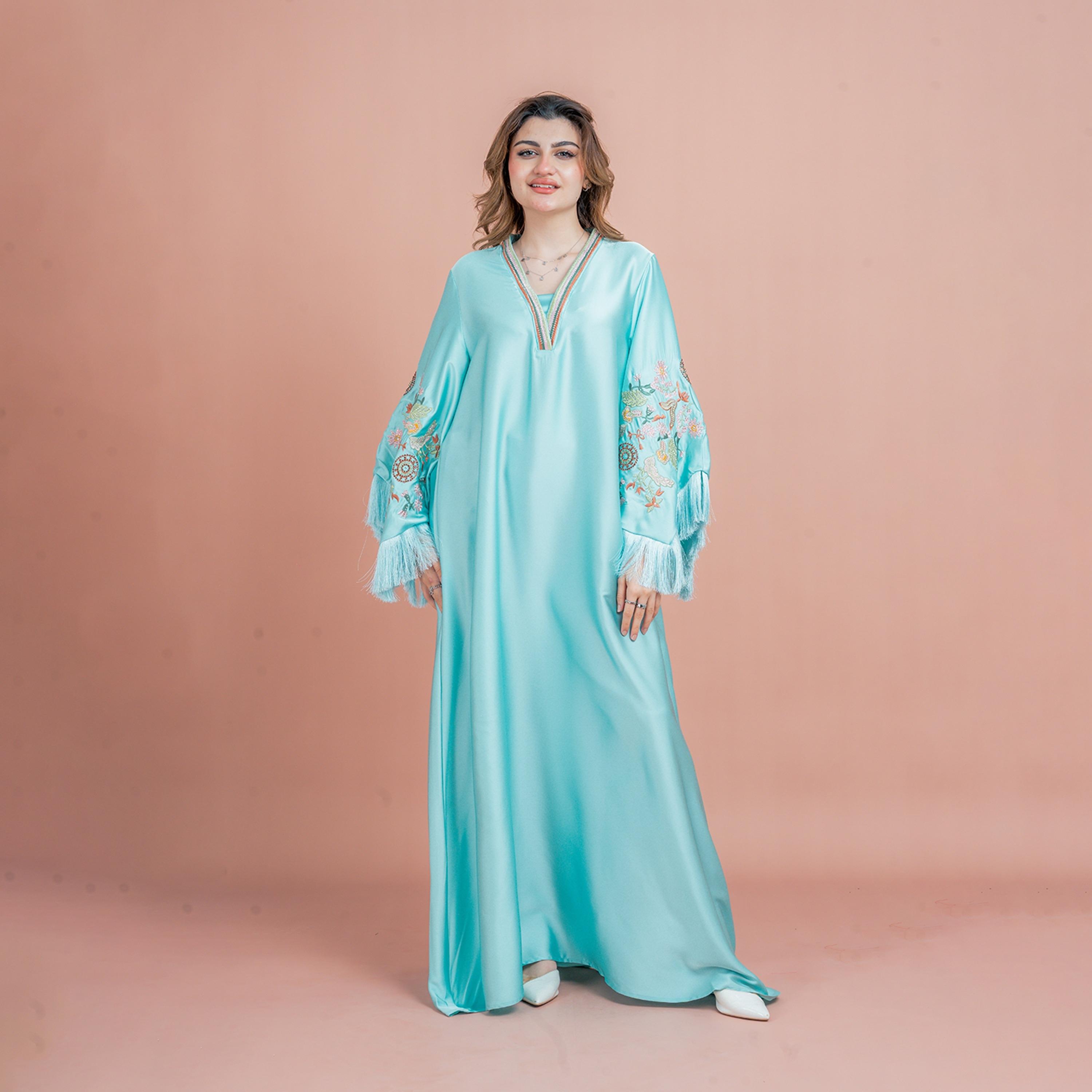 IKKXA Fringed Flared Sleeves Rhinestone and Embroidered Satin Sheen Women's Evening Jalabiya-women-arabicclothing-jalabiyas-image-1