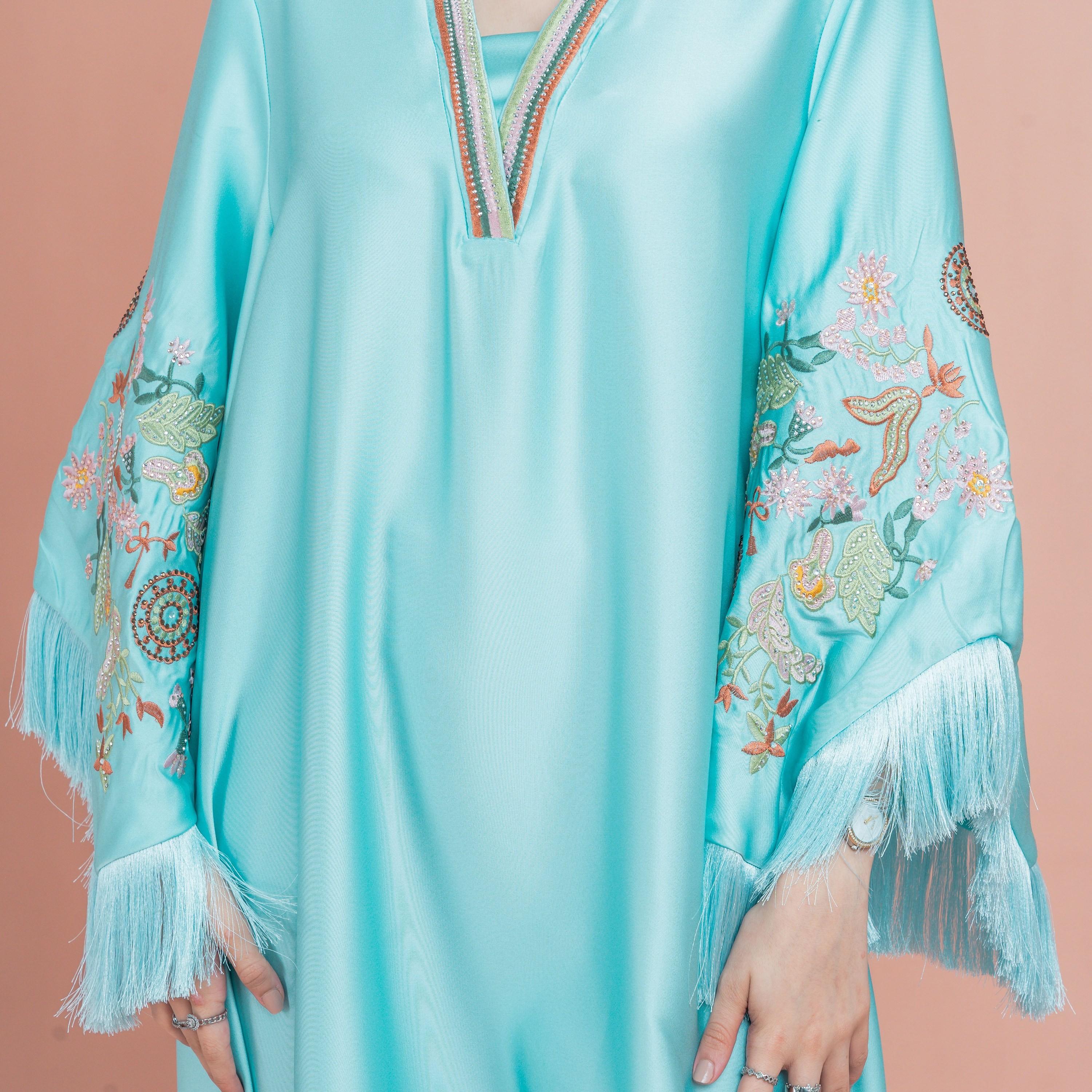 IKKXA Fringed Flared Sleeves Rhinestone and Embroidered Satin Sheen Women's Evening Jalabiya-women-arabicclothing-jalabiyas-image-2