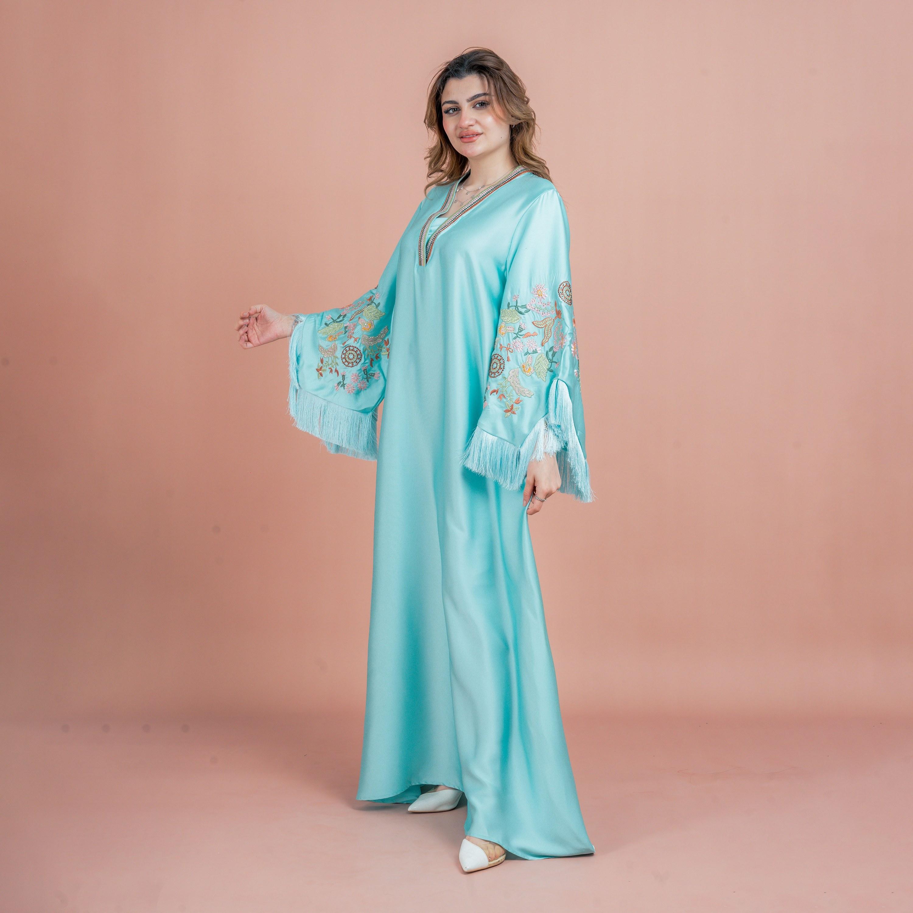 IKKXA Fringed Flared Sleeves Rhinestone and Embroidered Satin Sheen Women's Evening Jalabiya-women-arabicclothing-jalabiyas-image-3