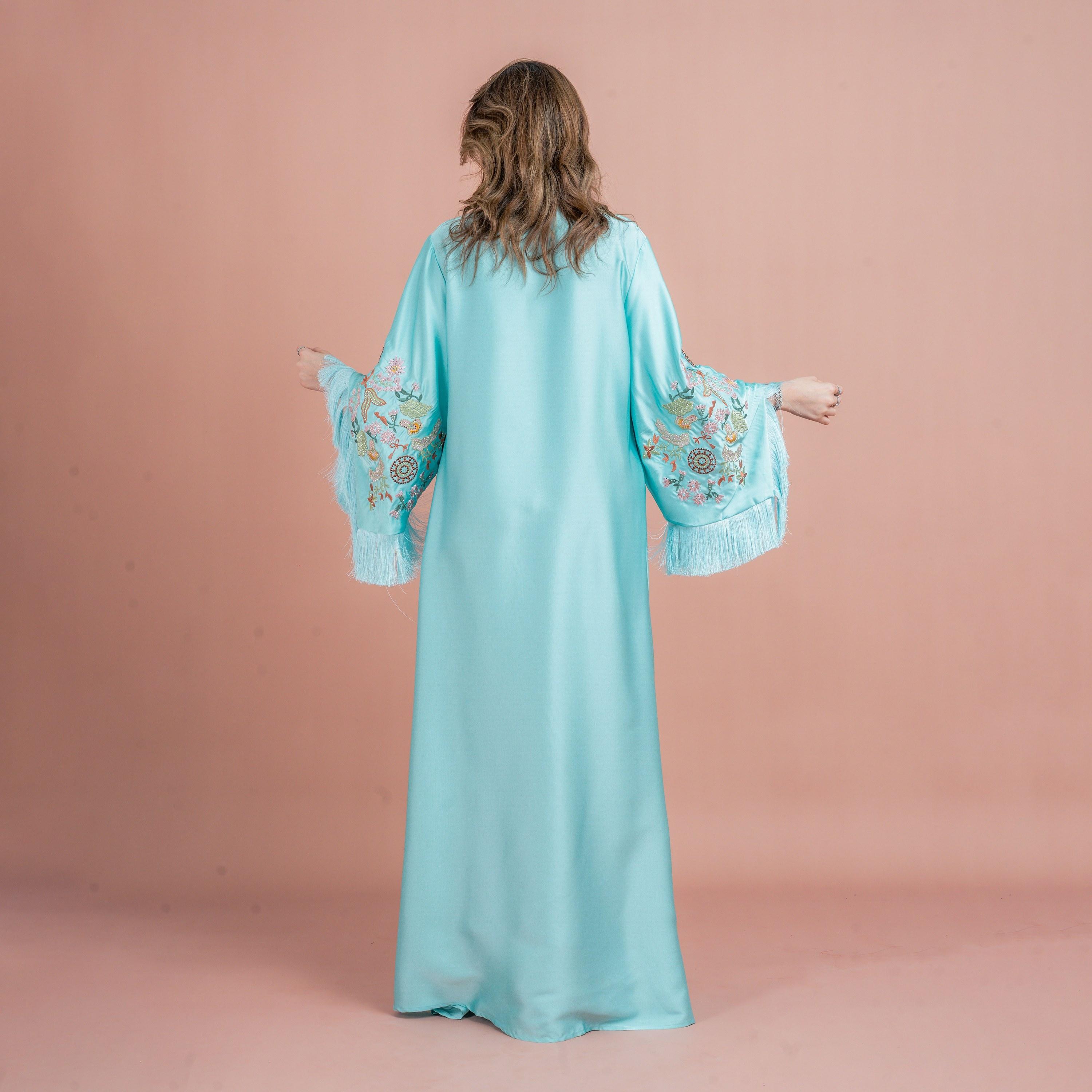 IKKXA Fringed Flared Sleeves Rhinestone and Embroidered Satin Sheen Women's Evening Jalabiya-women-arabicclothing-jalabiyas-image-4