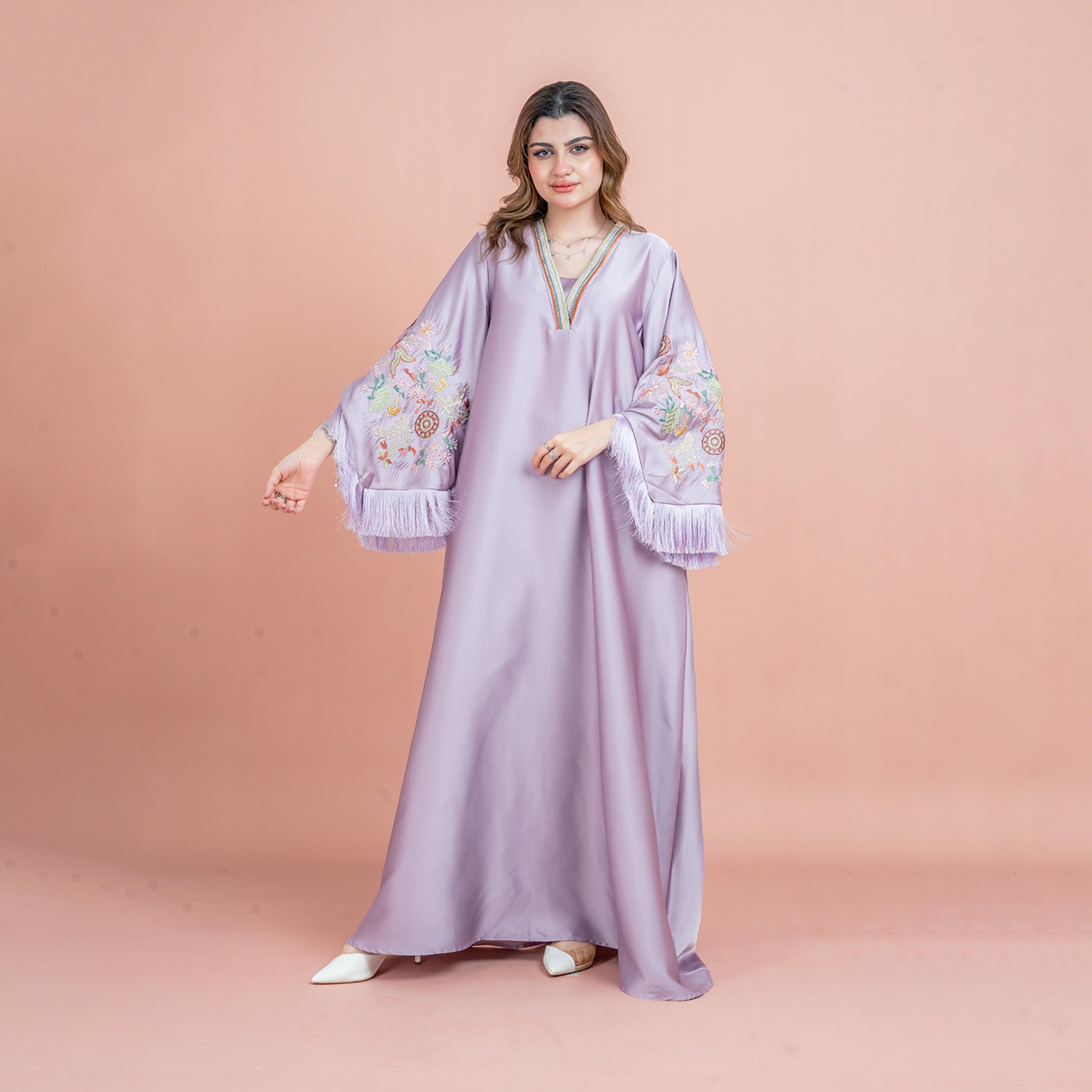 IKKXA Fringed Flared Sleeves Rhinestone and Embroidered Satin Sheen Women's Evening Jalabiya-women-arabicclothing-jalabiyas-image-5