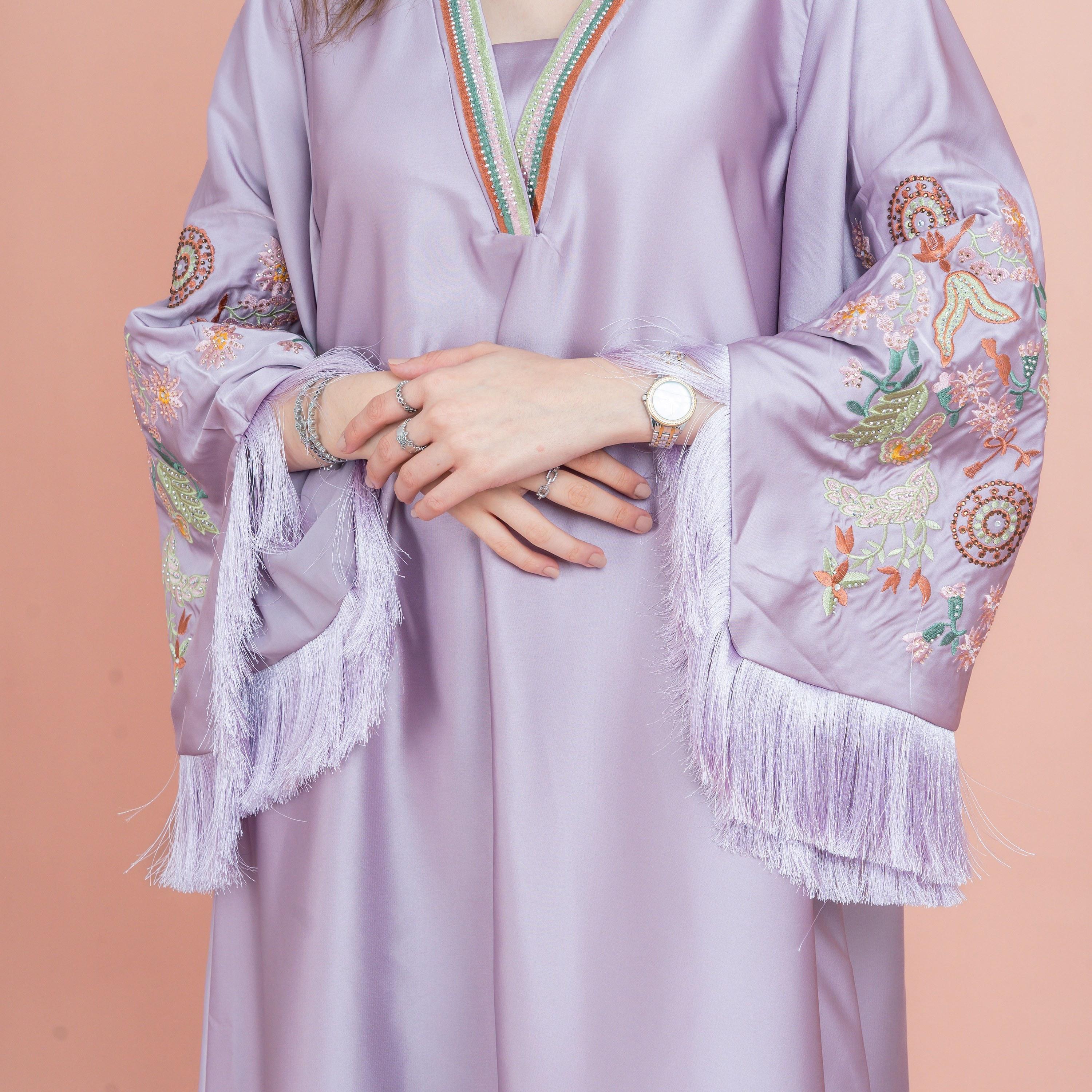 IKKXA Fringed Flared Sleeves Rhinestone and Embroidered Satin Sheen Women's Evening Jalabiya-women-arabicclothing-jalabiyas-image-6