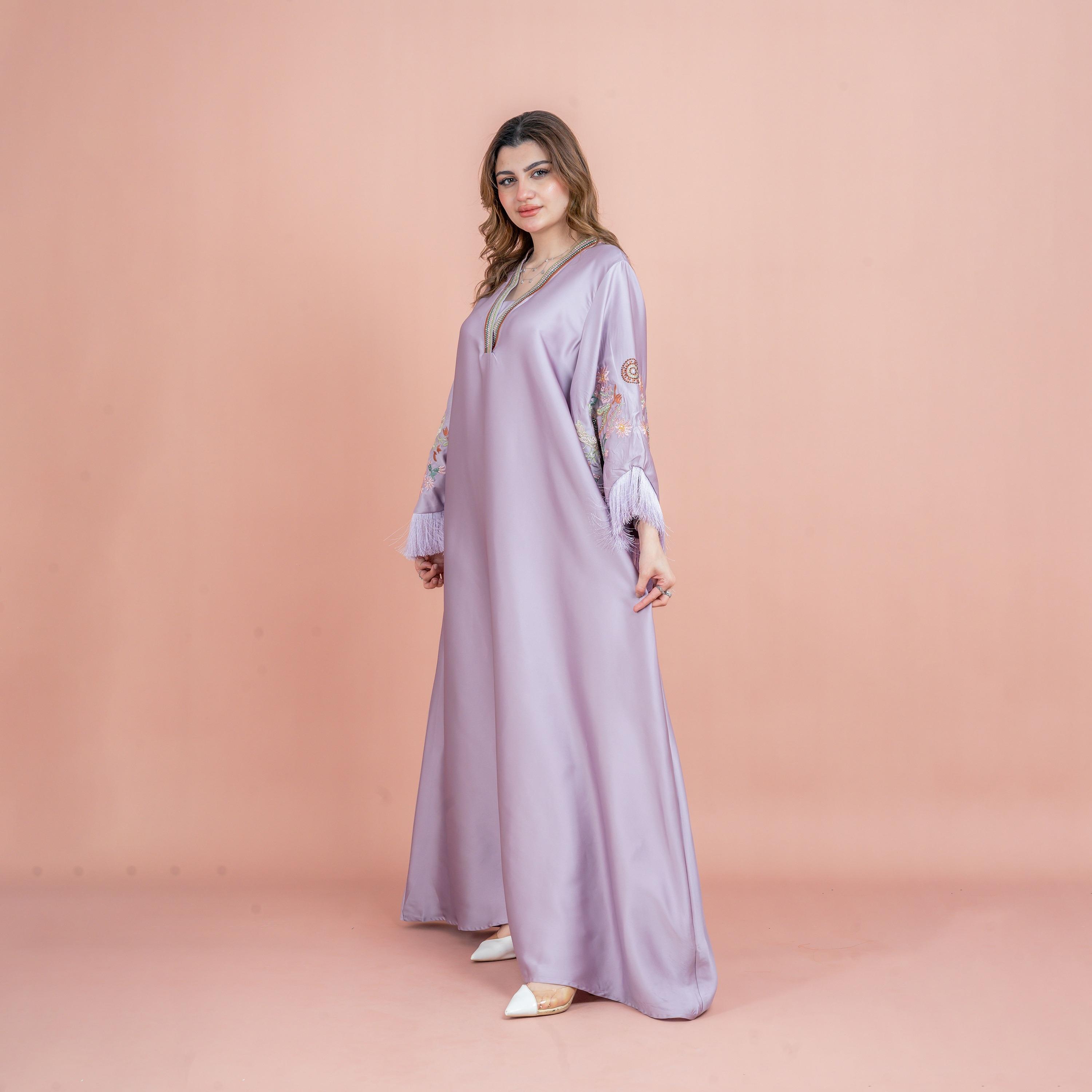 IKKXA Fringed Flared Sleeves Rhinestone and Embroidered Satin Sheen Women's Evening Jalabiya-women-arabicclothing-jalabiyas-image-7
