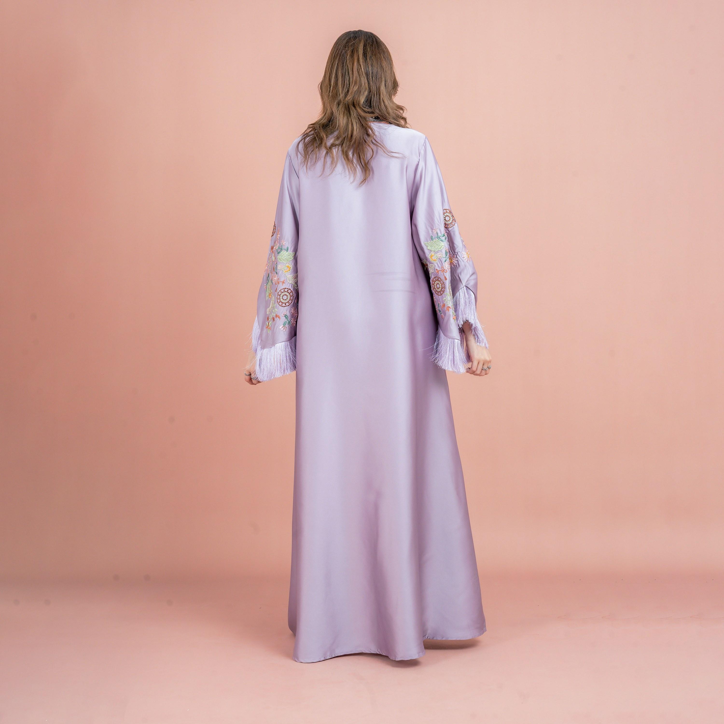IKKXA Fringed Flared Sleeves Rhinestone and Embroidered Satin Sheen Women's Evening Jalabiya-women-arabicclothing-jalabiyas-image-8
