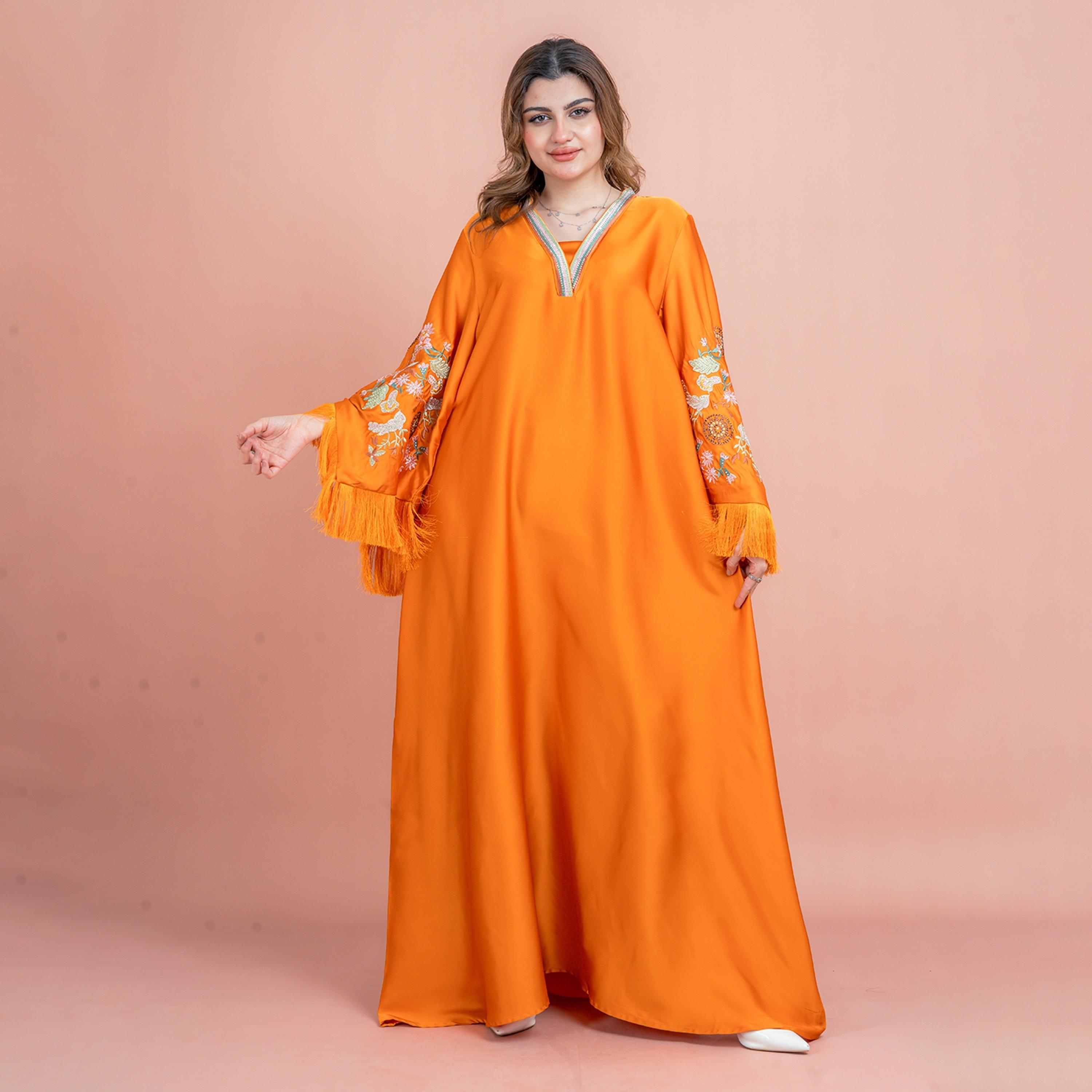 IKKXA Fringed Flared Sleeves Rhinestone and Embroidered Satin Sheen Women's Evening Jalabiya-women-arabicclothing-jalabiyas-image-9