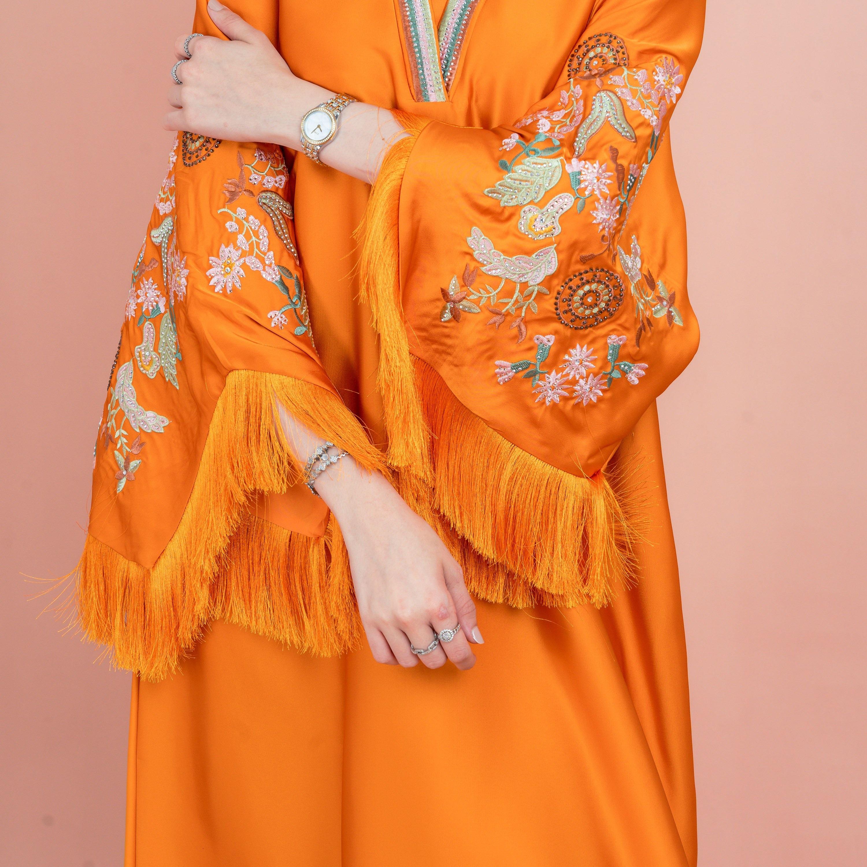IKKXA Fringed Flared Sleeves Rhinestone and Embroidered Satin Sheen Women's Evening Jalabiya-women-arabicclothing-jalabiyas-image-10