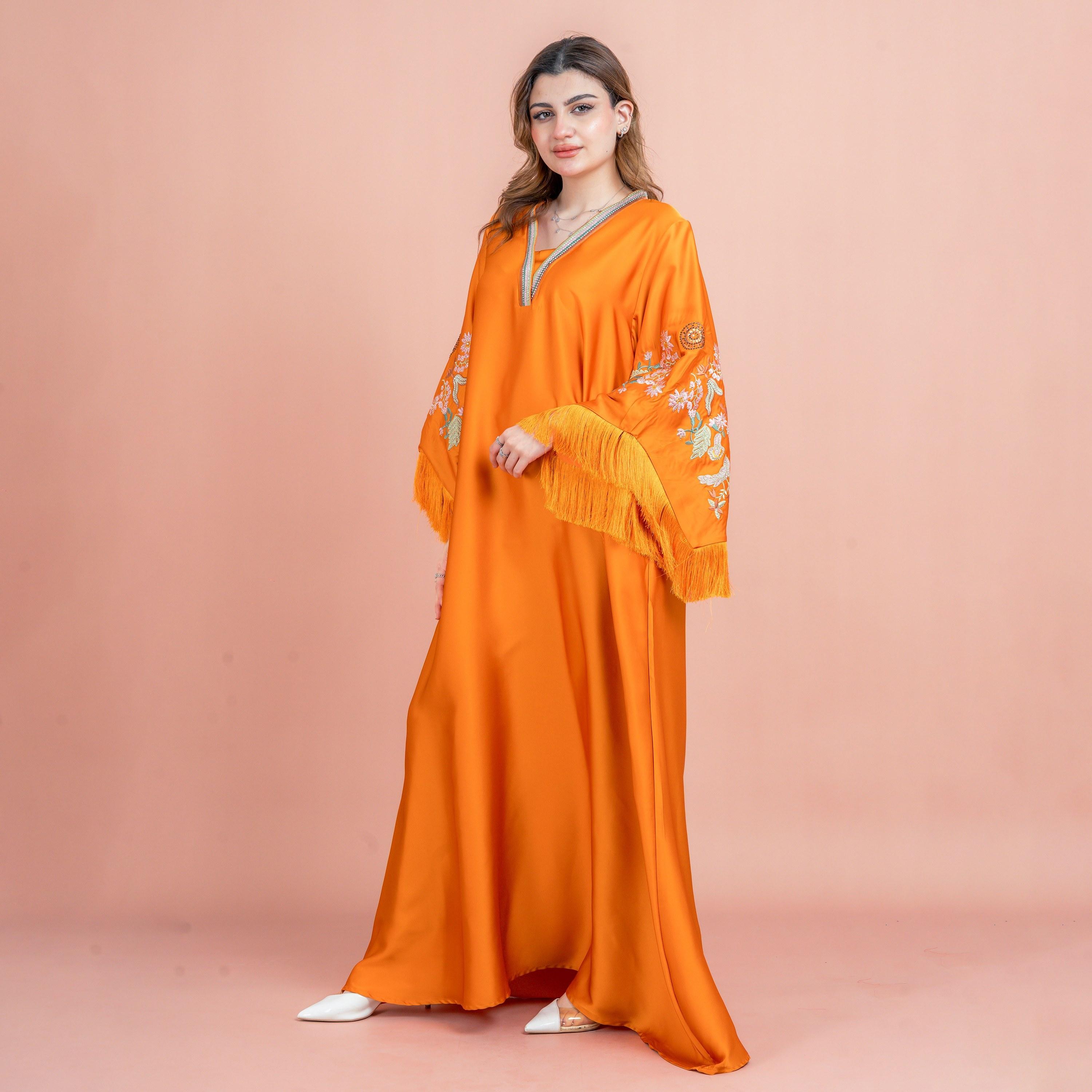 IKKXA Fringed Flared Sleeves Rhinestone and Embroidered Satin Sheen Women's Evening Jalabiya-women-arabicclothing-jalabiyas-image-11