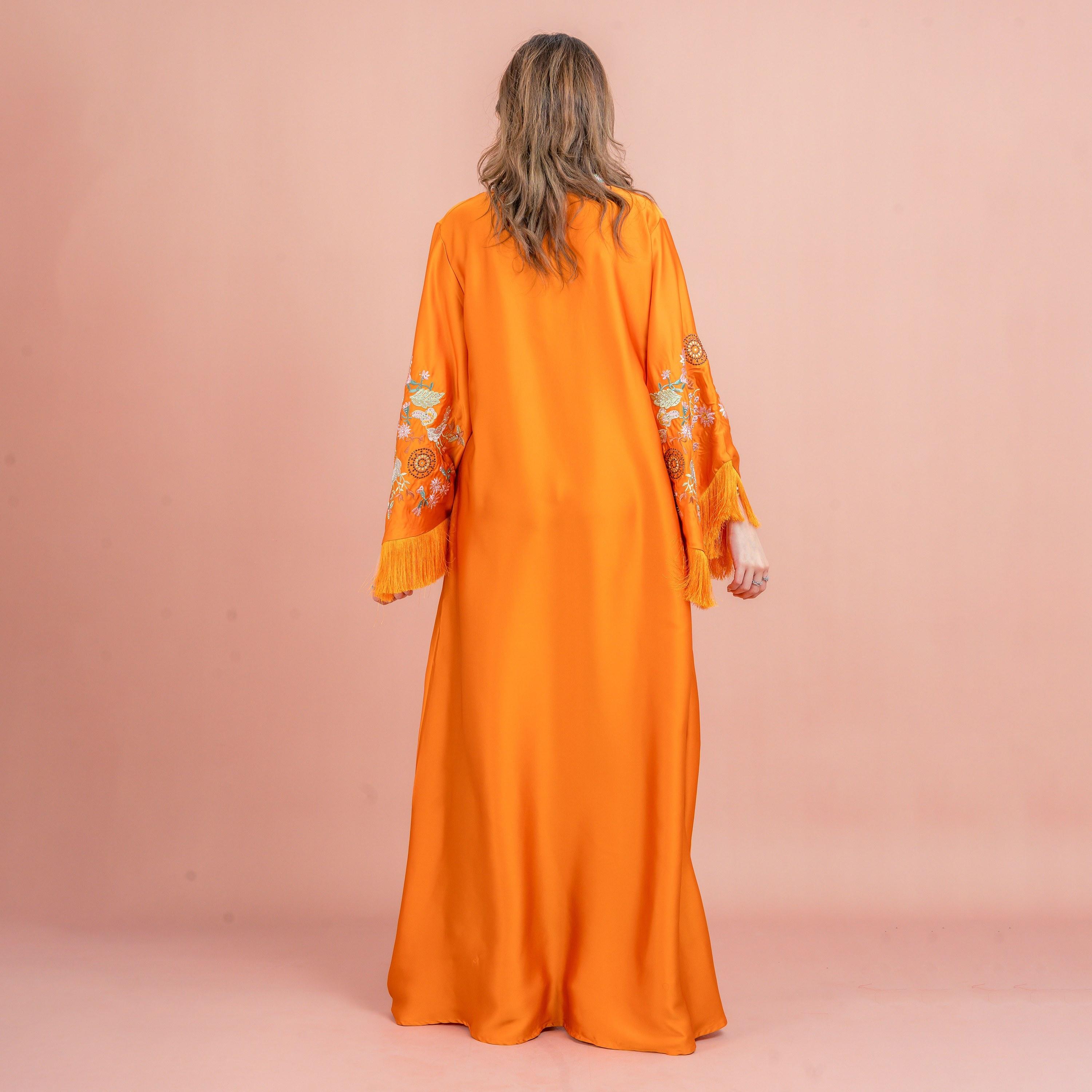 IKKXA Fringed Flared Sleeves Rhinestone and Embroidered Satin Sheen Women's Evening Jalabiya-women-arabicclothing-jalabiyas-image-12