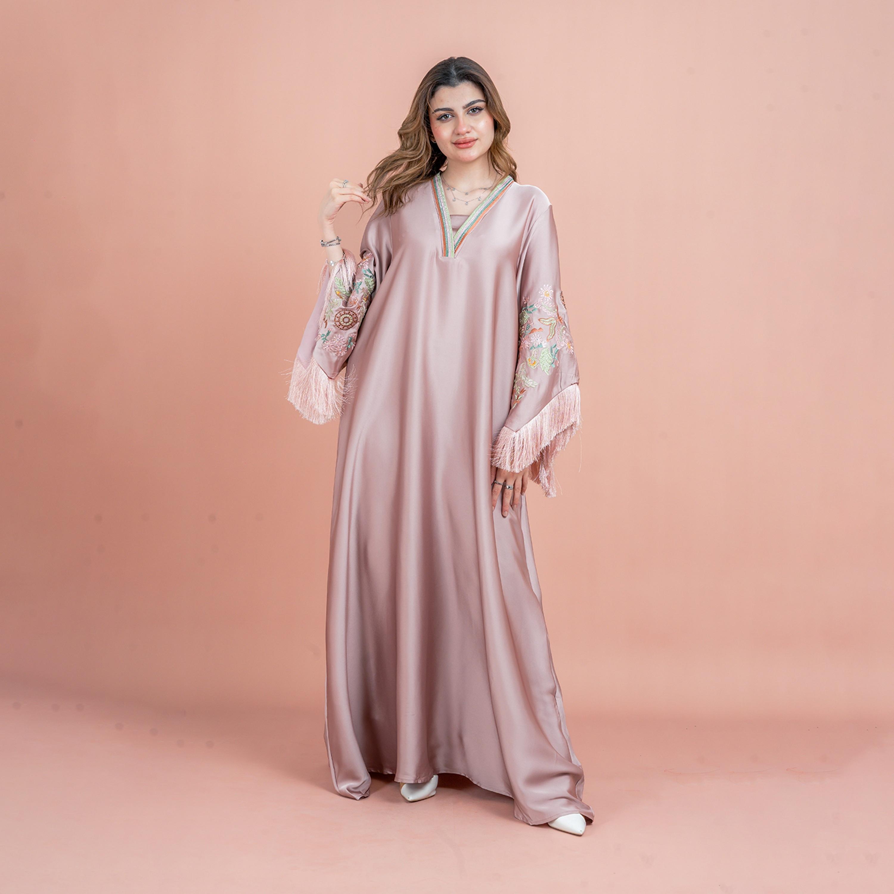 IKKXA Fringed Flared Sleeves Rhinestone and Embroidered Satin Sheen Women's Evening Jalabiya-women-arabicclothing-jalabiyas-image-13