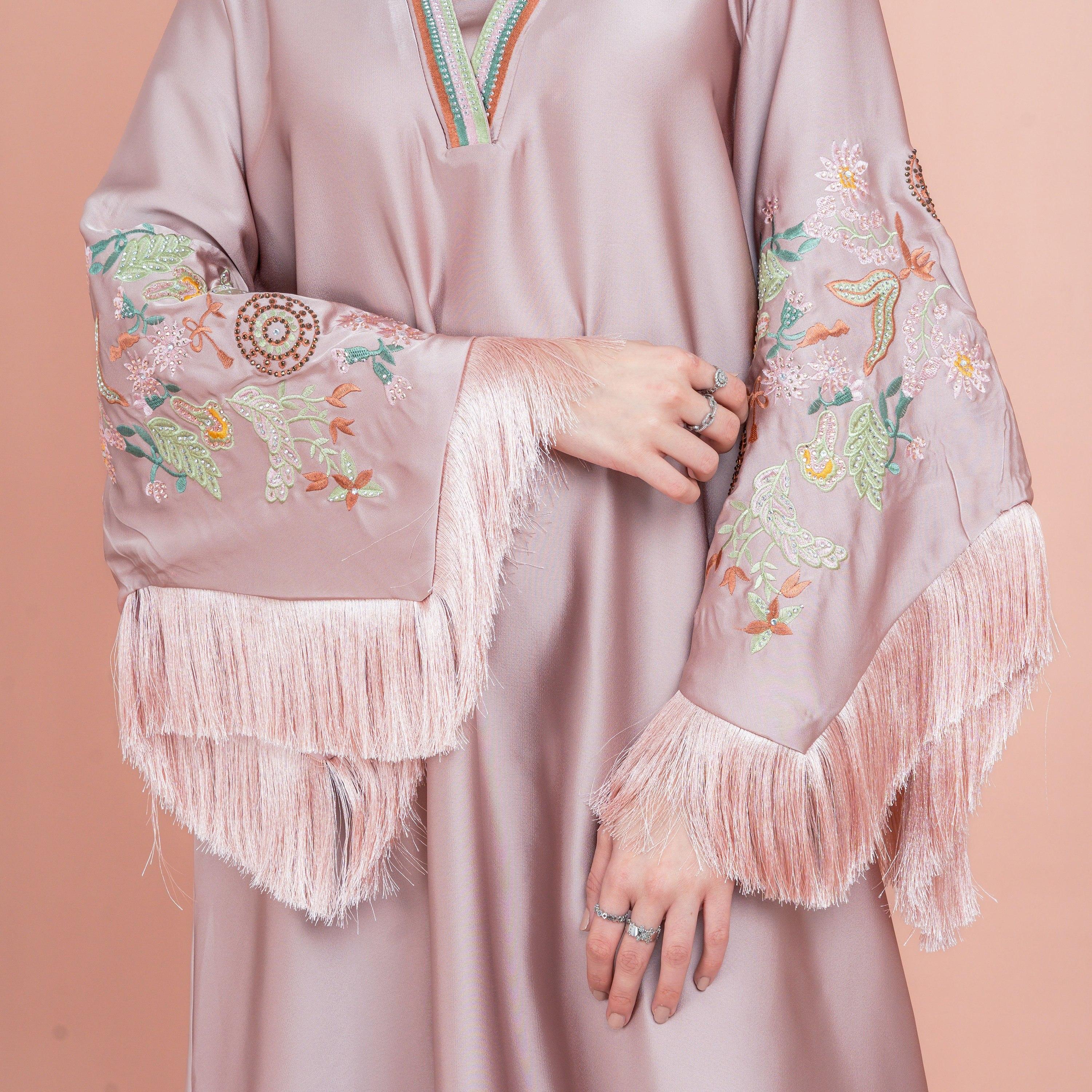 IKKXA Fringed Flared Sleeves Rhinestone and Embroidered Satin Sheen Women's Evening Jalabiya-women-arabicclothing-jalabiyas-image-2