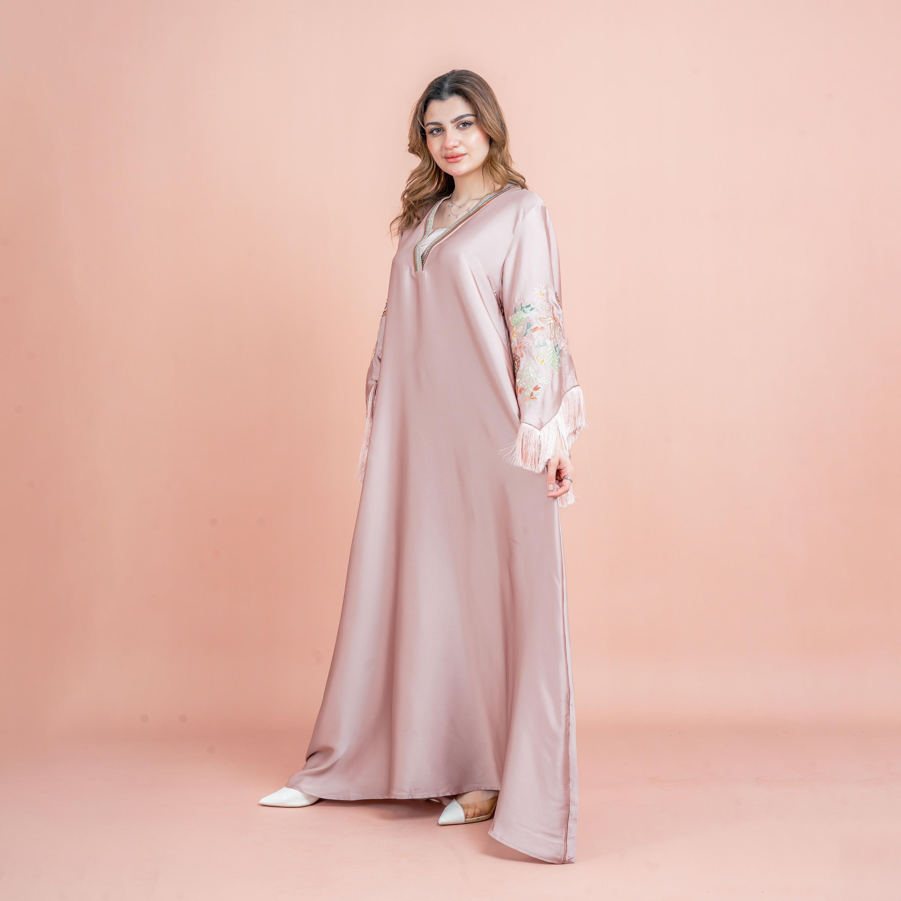 IKKXA Fringed Flared Sleeves Rhinestone and Embroidered Satin Sheen Women's Evening Jalabiya-women-arabicclothing-jalabiyas-image-15