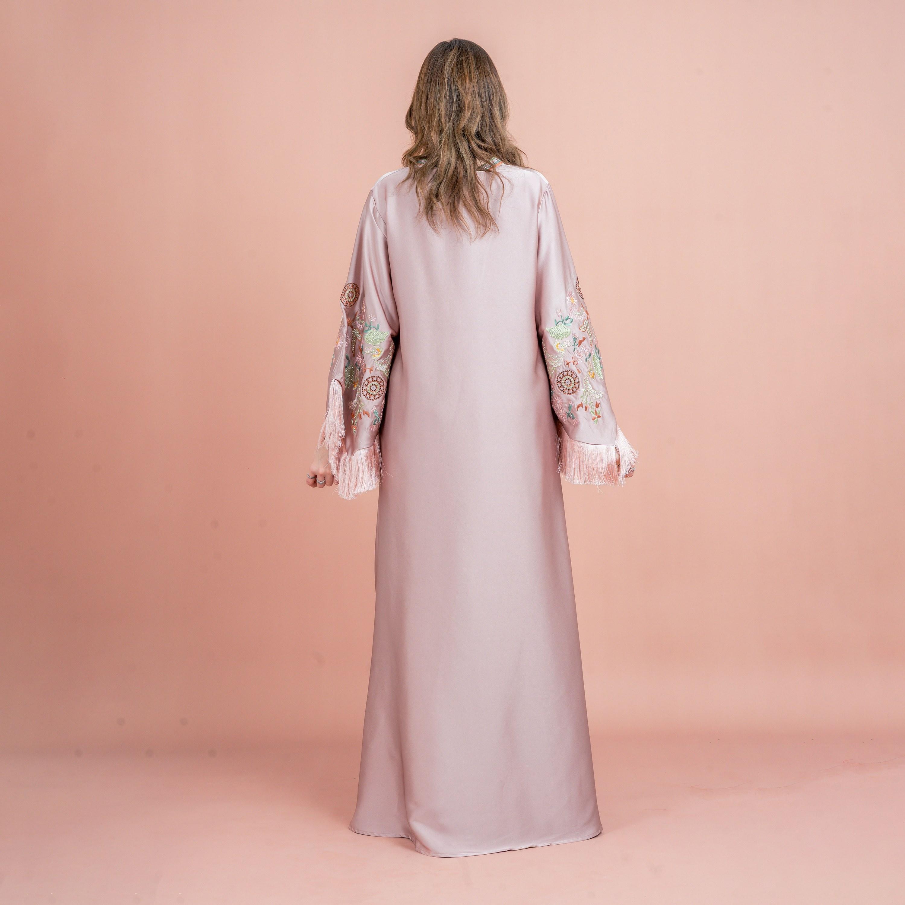 IKKXA Fringed Flared Sleeves Rhinestone and Embroidered Satin Sheen Women's Evening Jalabiya-women-arabicclothing-jalabiyas-image-16