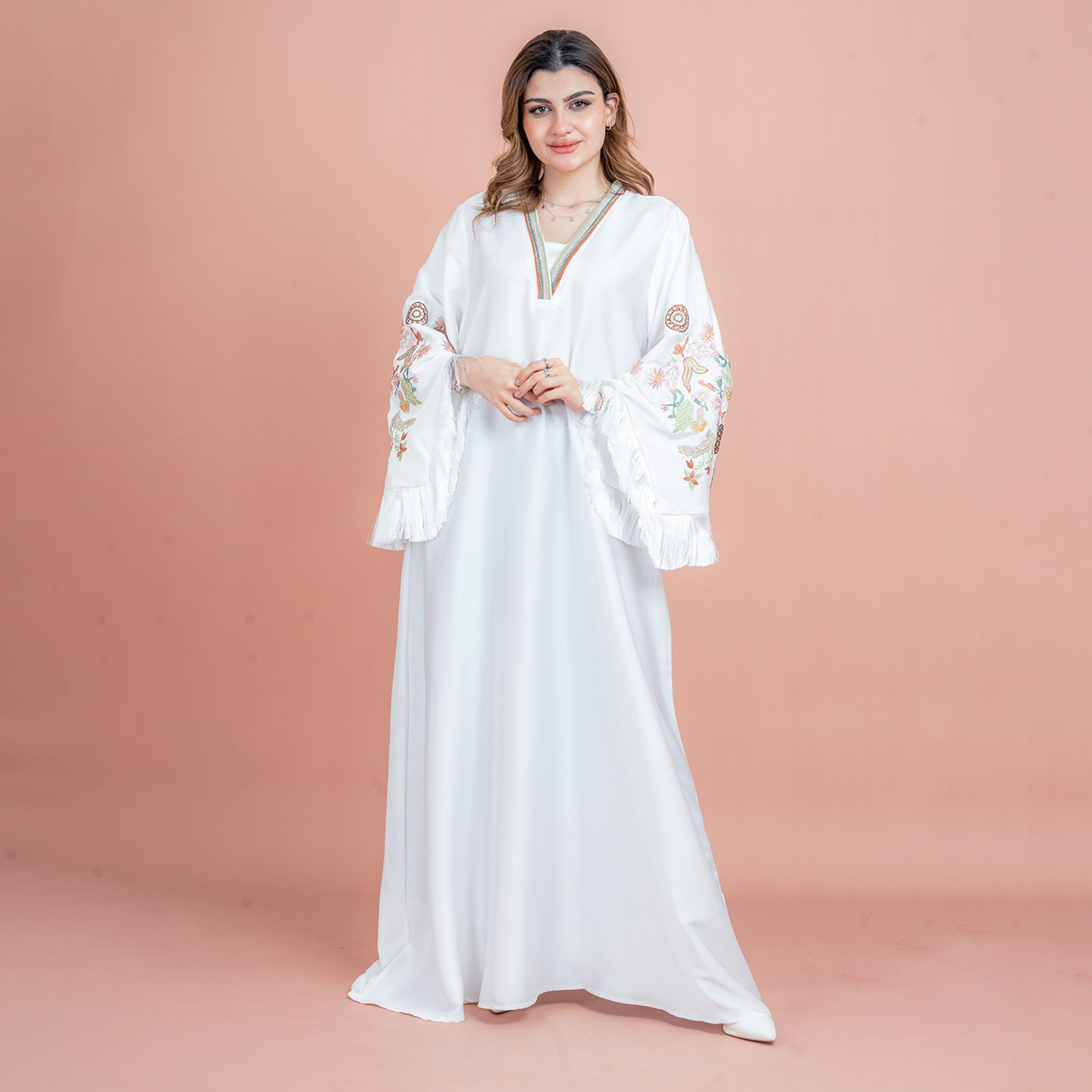 IKKXA Fringed Flared Sleeves Rhinestone and Embroidered Satin Sheen Women's Evening Jalabiya-women-arabicclothing-jalabiyas-image-17