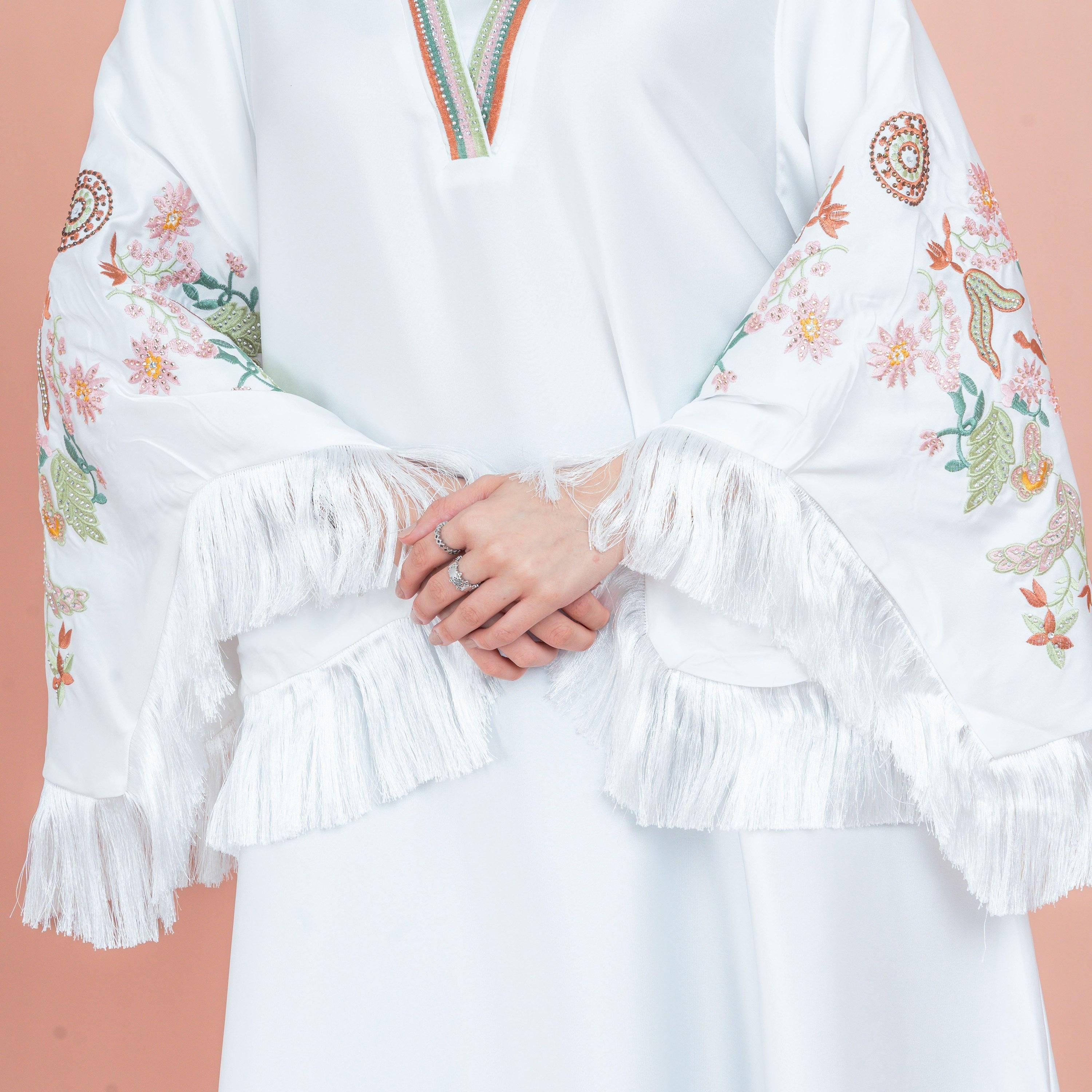IKKXA Fringed Flared Sleeves Rhinestone and Embroidered Satin Sheen Women's Evening Jalabiya-women-arabicclothing-jalabiyas-image-18