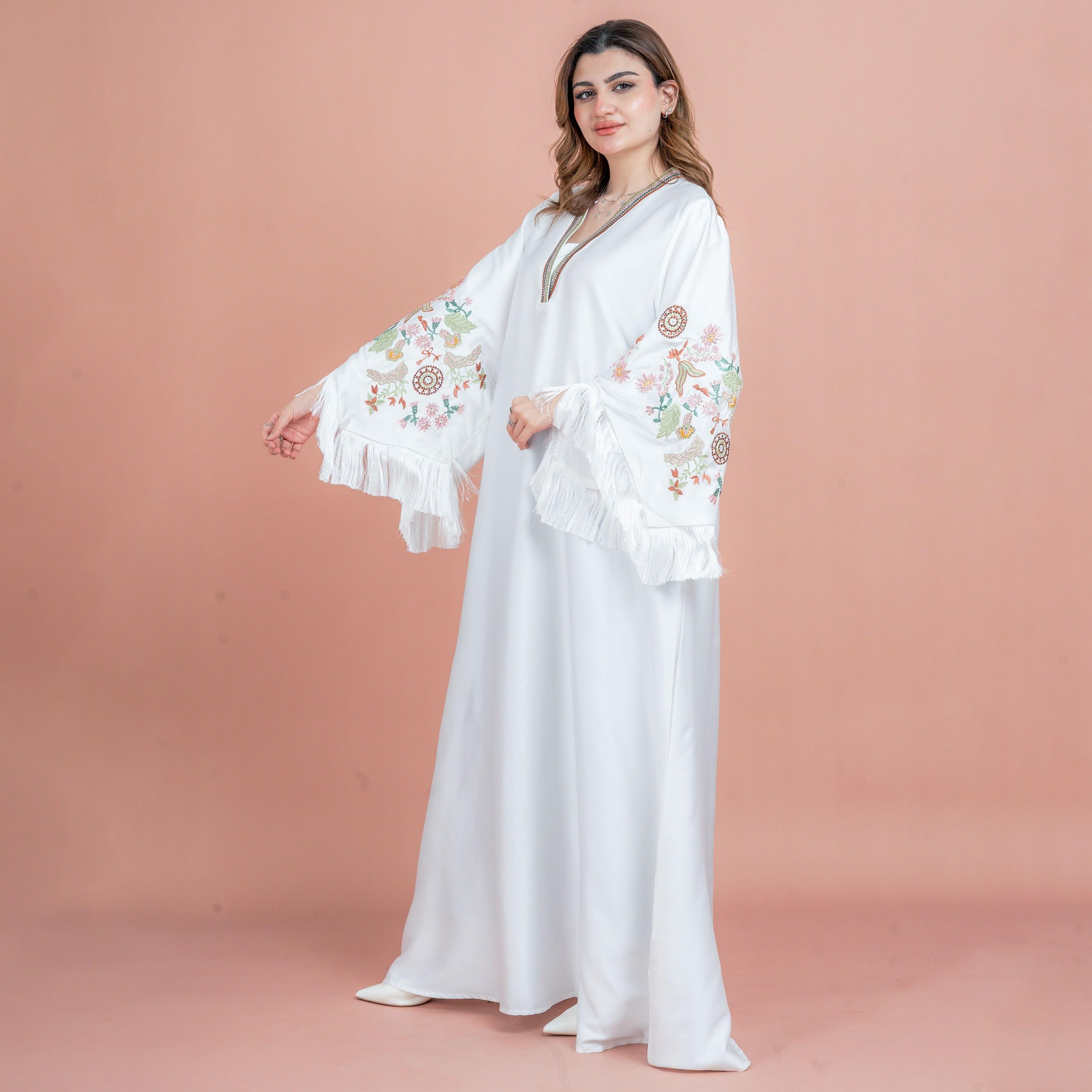 IKKXA Fringed Flared Sleeves Rhinestone and Embroidered Satin Sheen Women's Evening Jalabiya-women-arabicclothing-jalabiyas-image-19