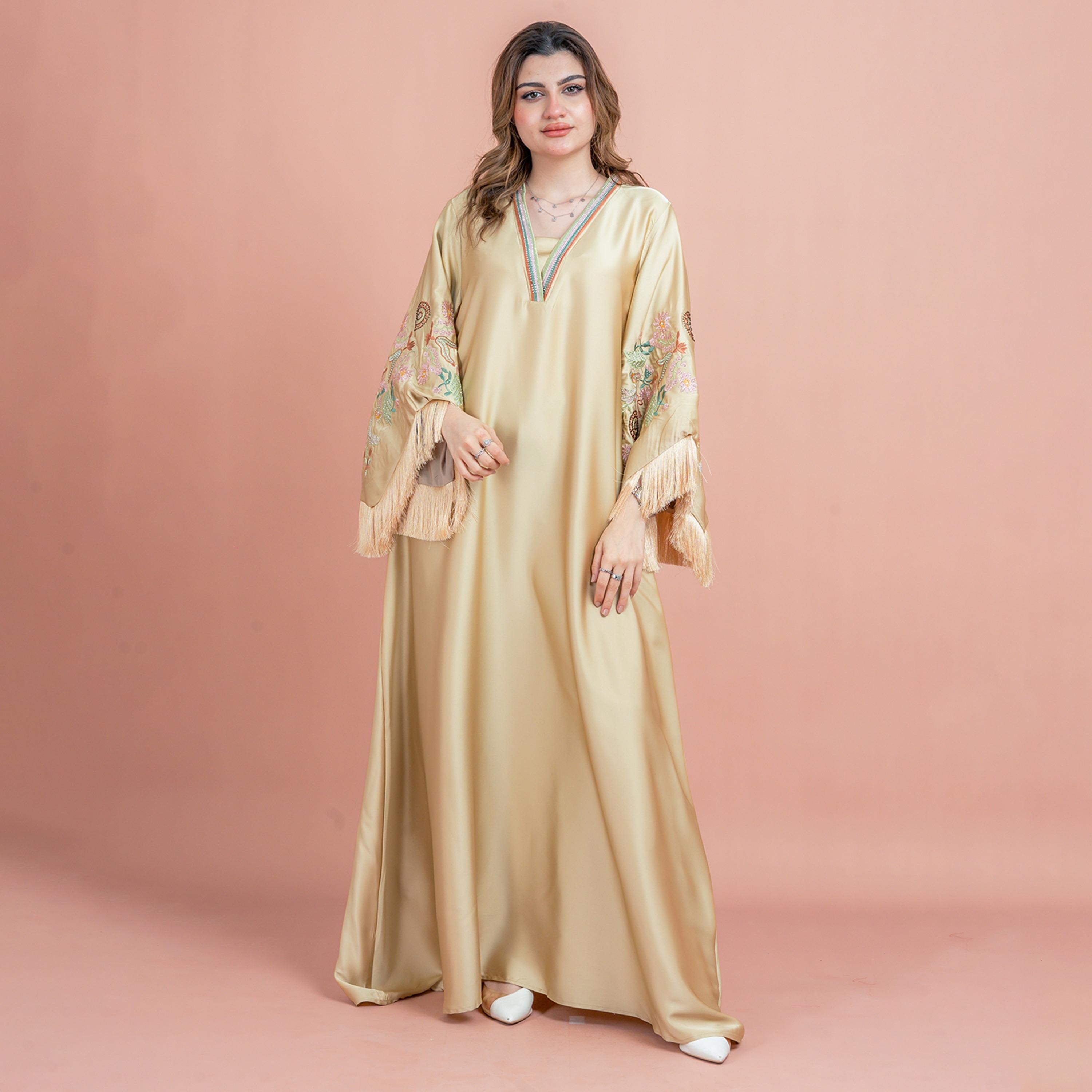IKKXA Fringed Flared Sleeves Rhinestone and Embroidered Satin Sheen Women's Evening Jalabiya-women-arabicclothing-jalabiyas-image-21