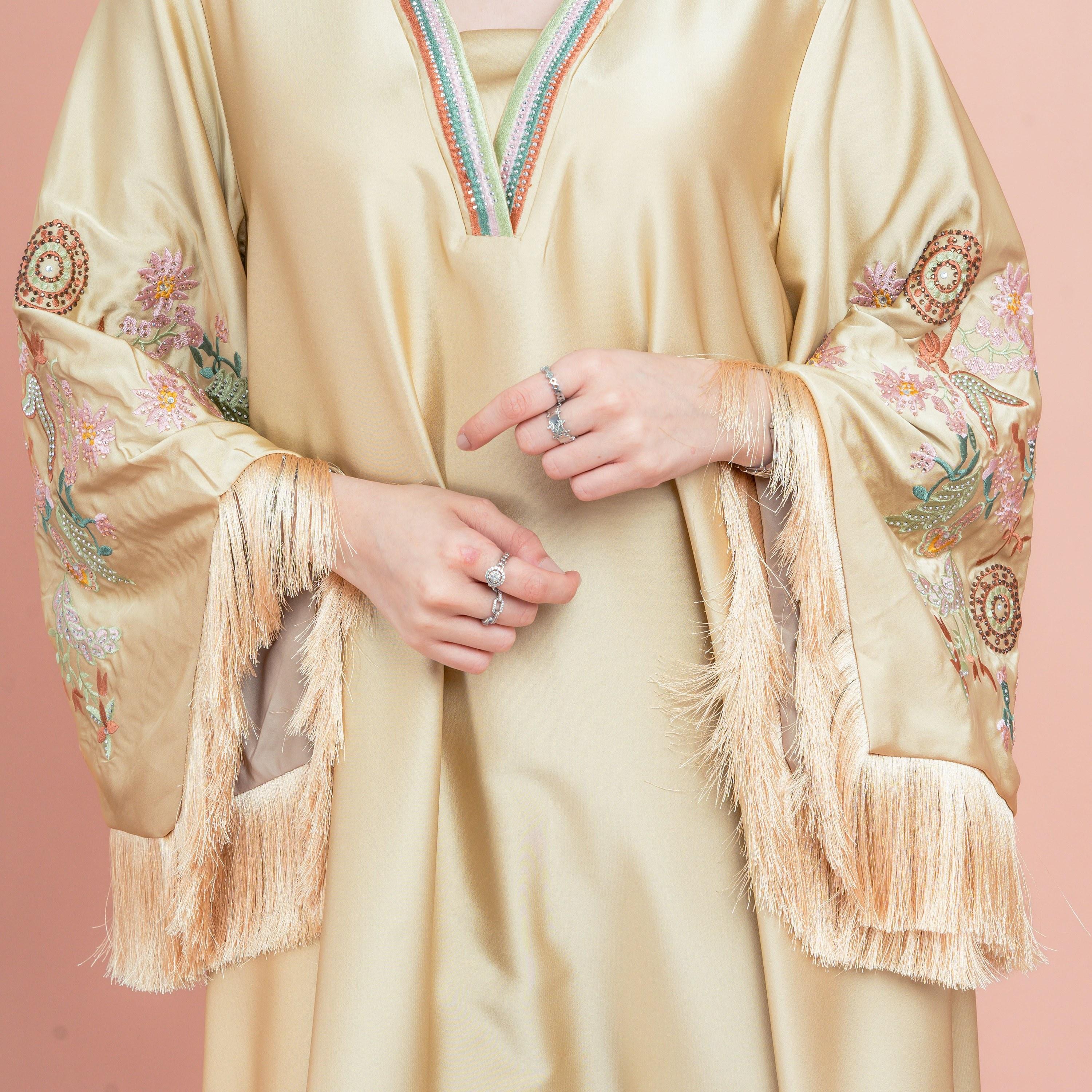 IKKXA Fringed Flared Sleeves Rhinestone and Embroidered Satin Sheen Women's Evening Jalabiya-women-arabicclothing-jalabiyas-image-22