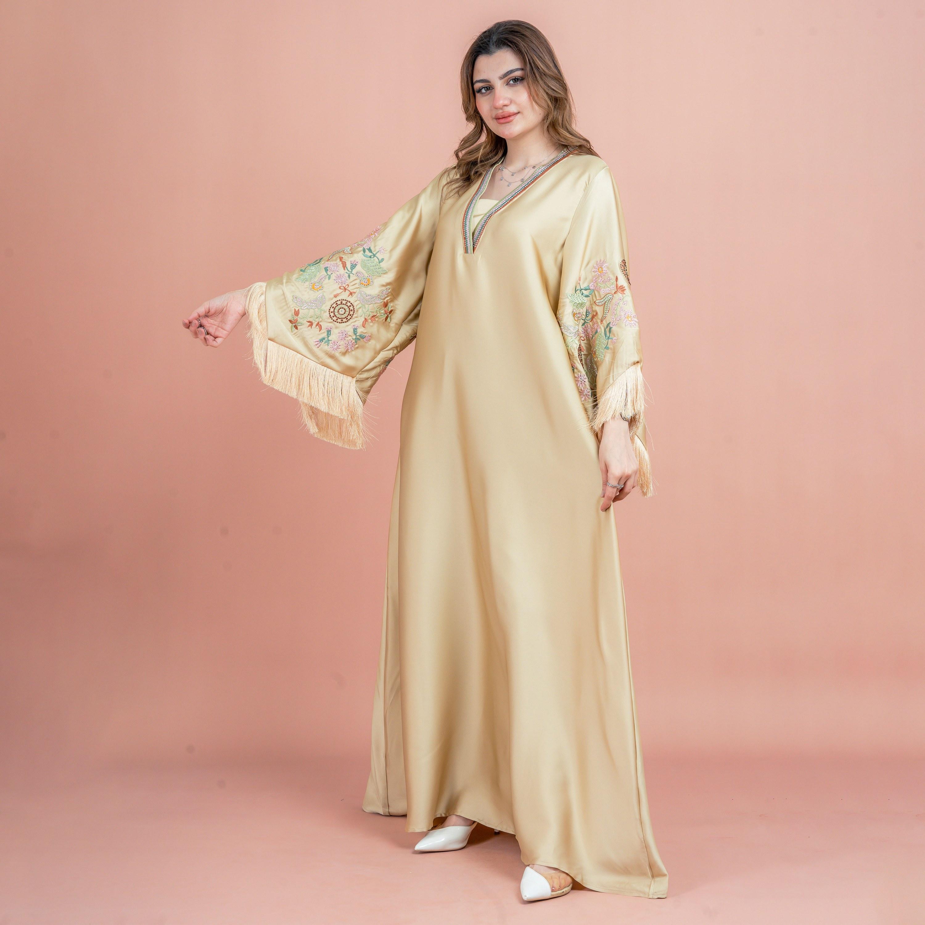 IKKXA Fringed Flared Sleeves Rhinestone and Embroidered Satin Sheen Women's Evening Jalabiya-women-arabicclothing-jalabiyas-image-23