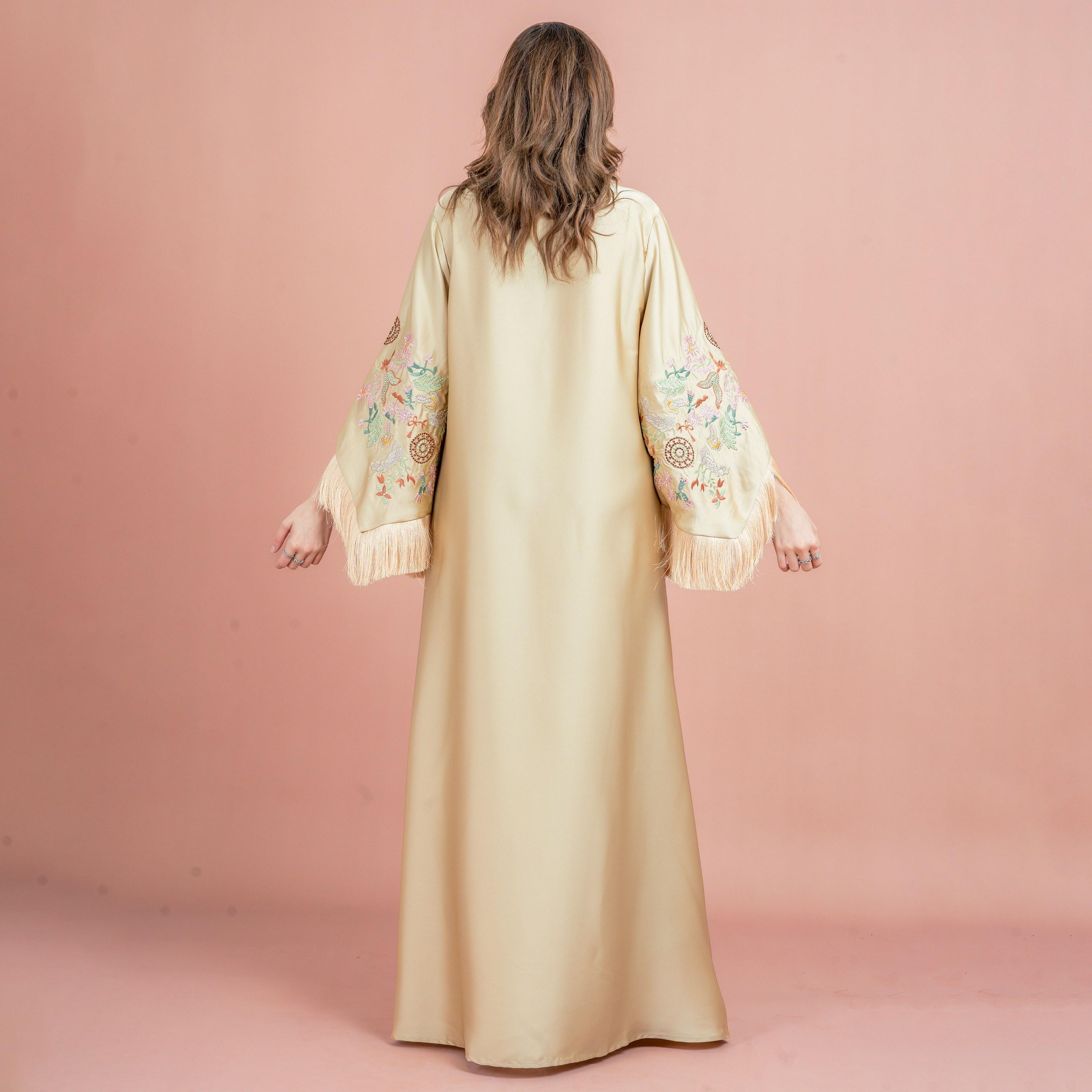 IKKXA Fringed Flared Sleeves Rhinestone and Embroidered Satin Sheen Women's Evening Jalabiya-women-arabicclothing-jalabiyas-image-24
