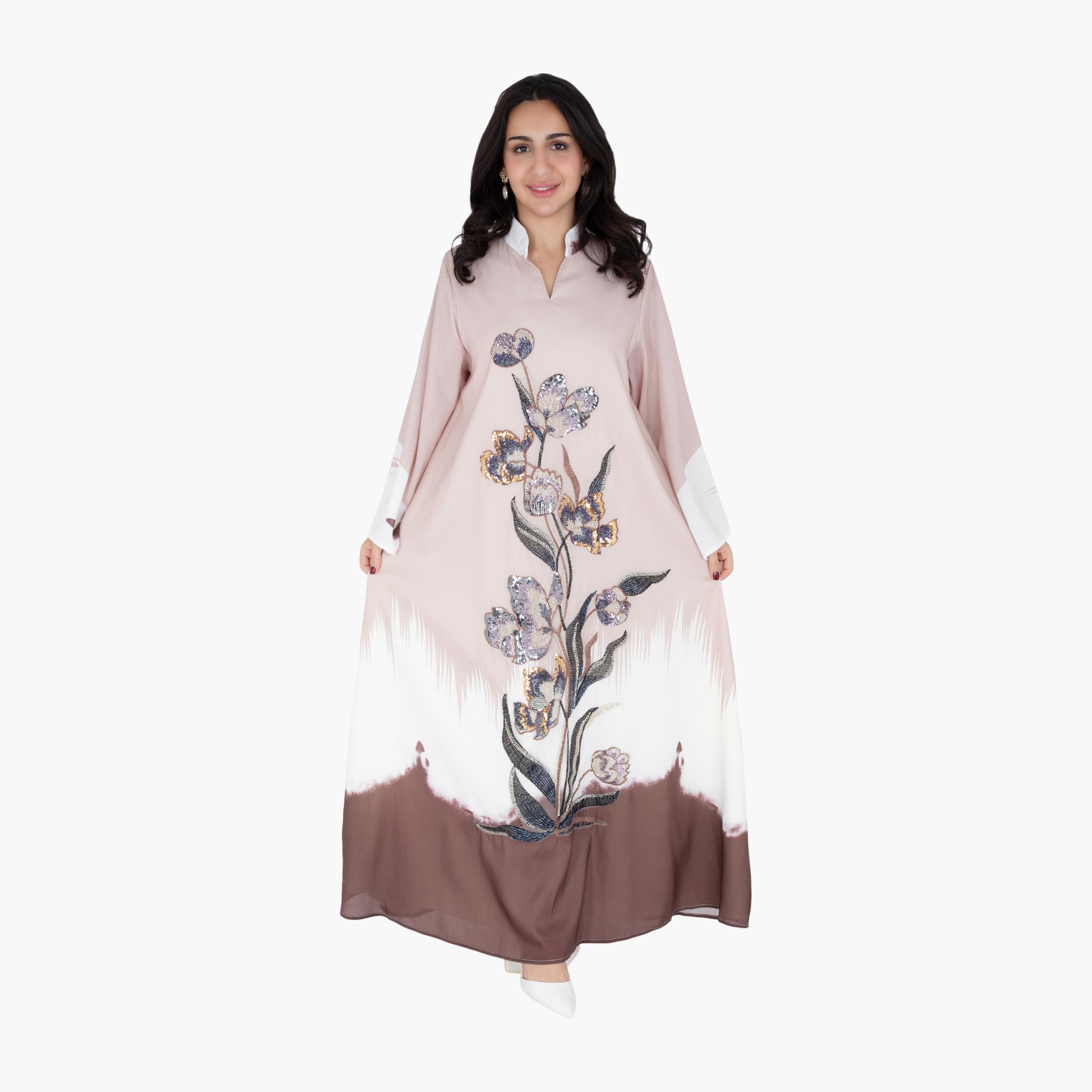 IKKXA Ombre & Beaded Flowers Flared Sleeves Women's Evening Jalabiya-women-arabicclothing-jalabiyas-image-6