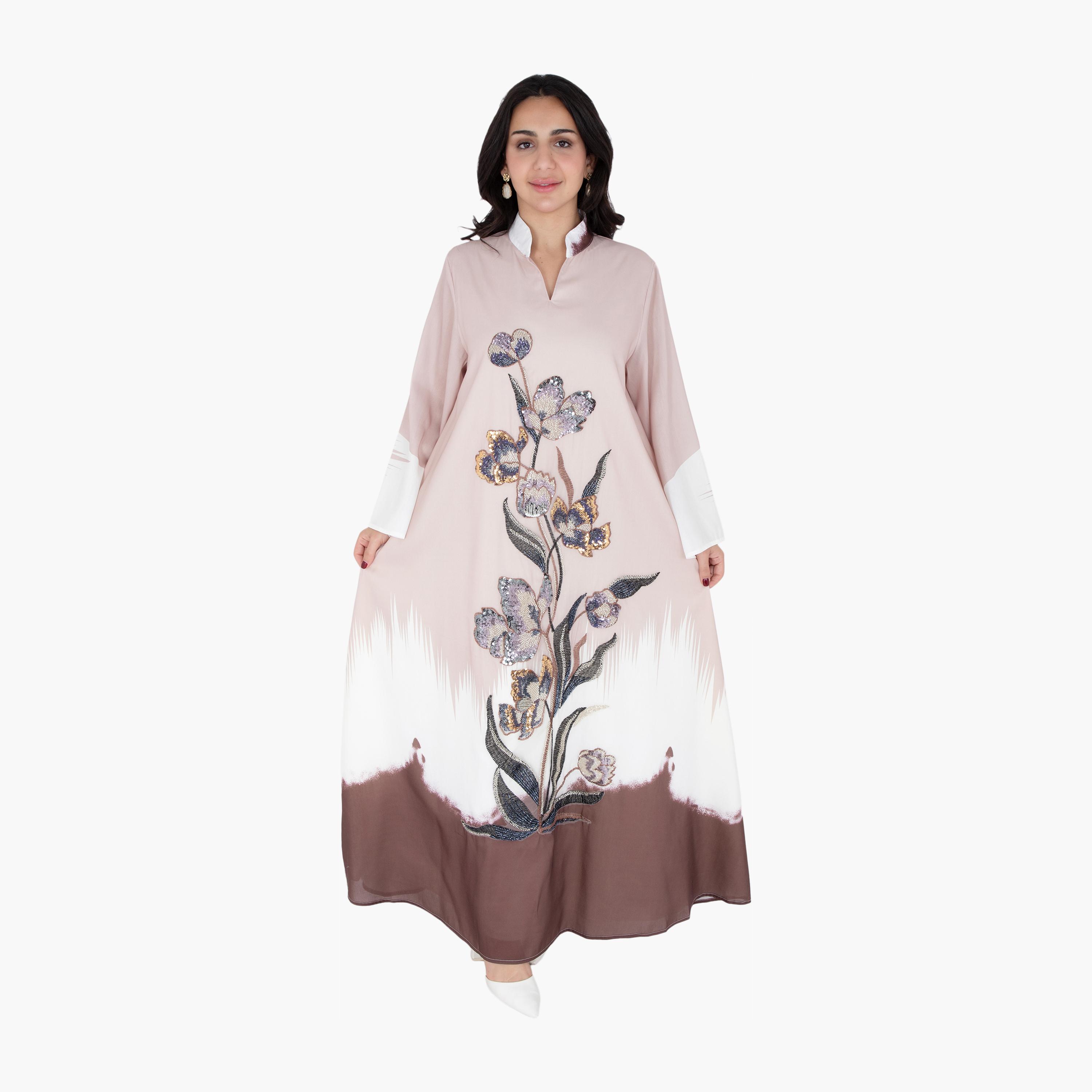 IKKXA Ombre & Beaded Flowers Flared Sleeves Women's Evening Jalabiya-women-arabicclothing-jalabiyas-image-9