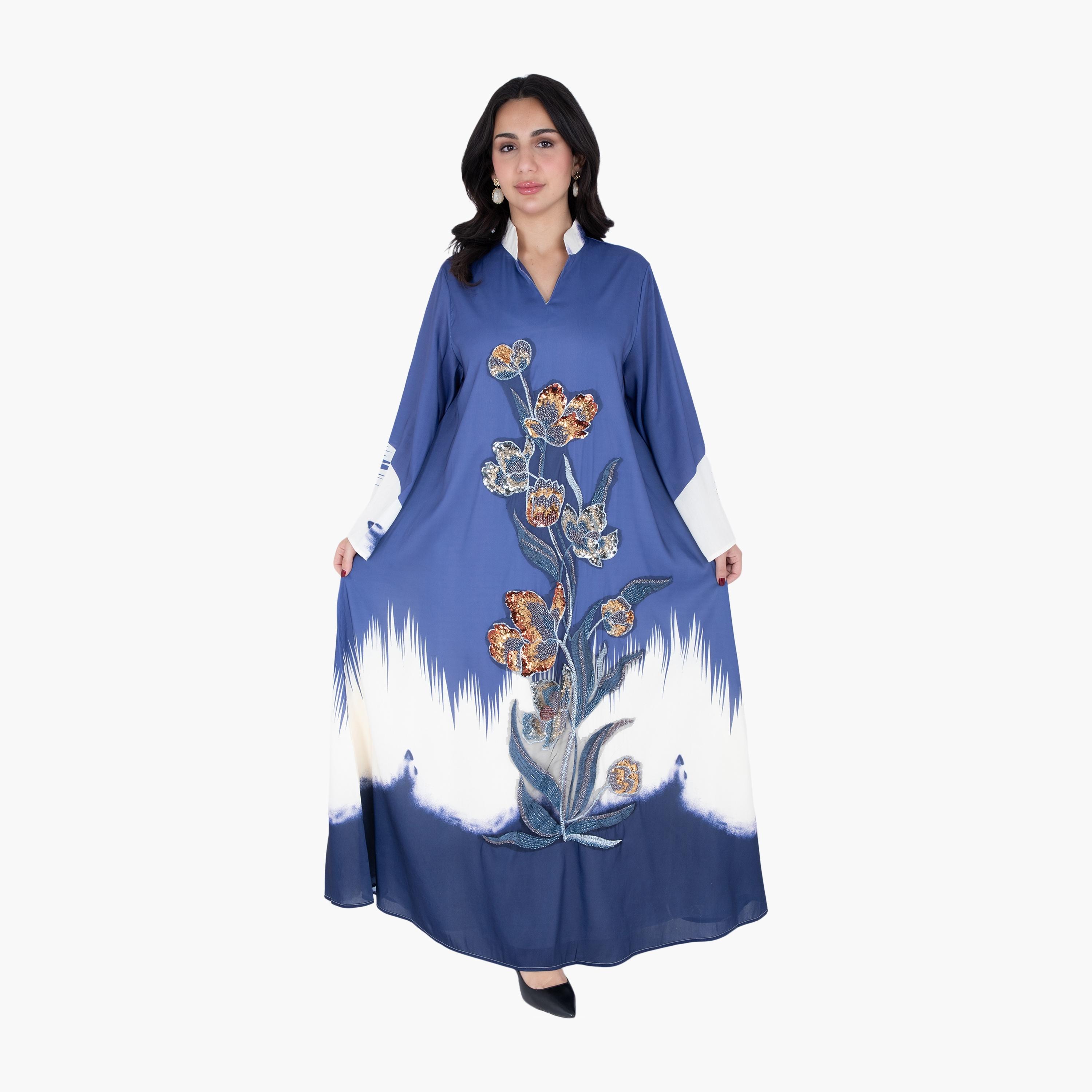 IKKXA Ombre & Beaded Flowers Flared Sleeves Women's Evening Jalabiya-women-arabicclothing-jalabiyas-image-1