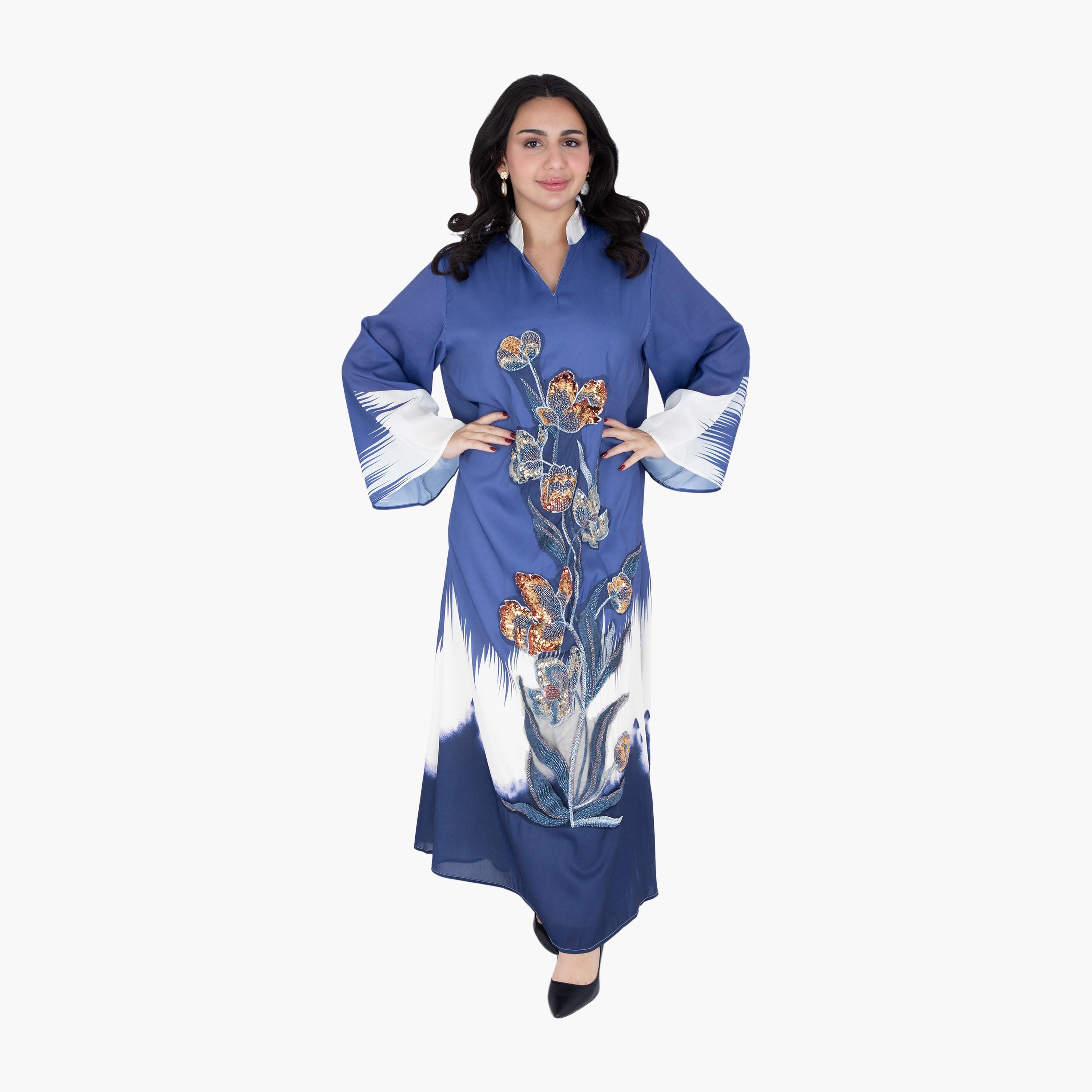 IKKXA Ombre & Beaded Flowers Flared Sleeves Women's Evening Jalabiya-women-arabicclothing-jalabiyas-image-4