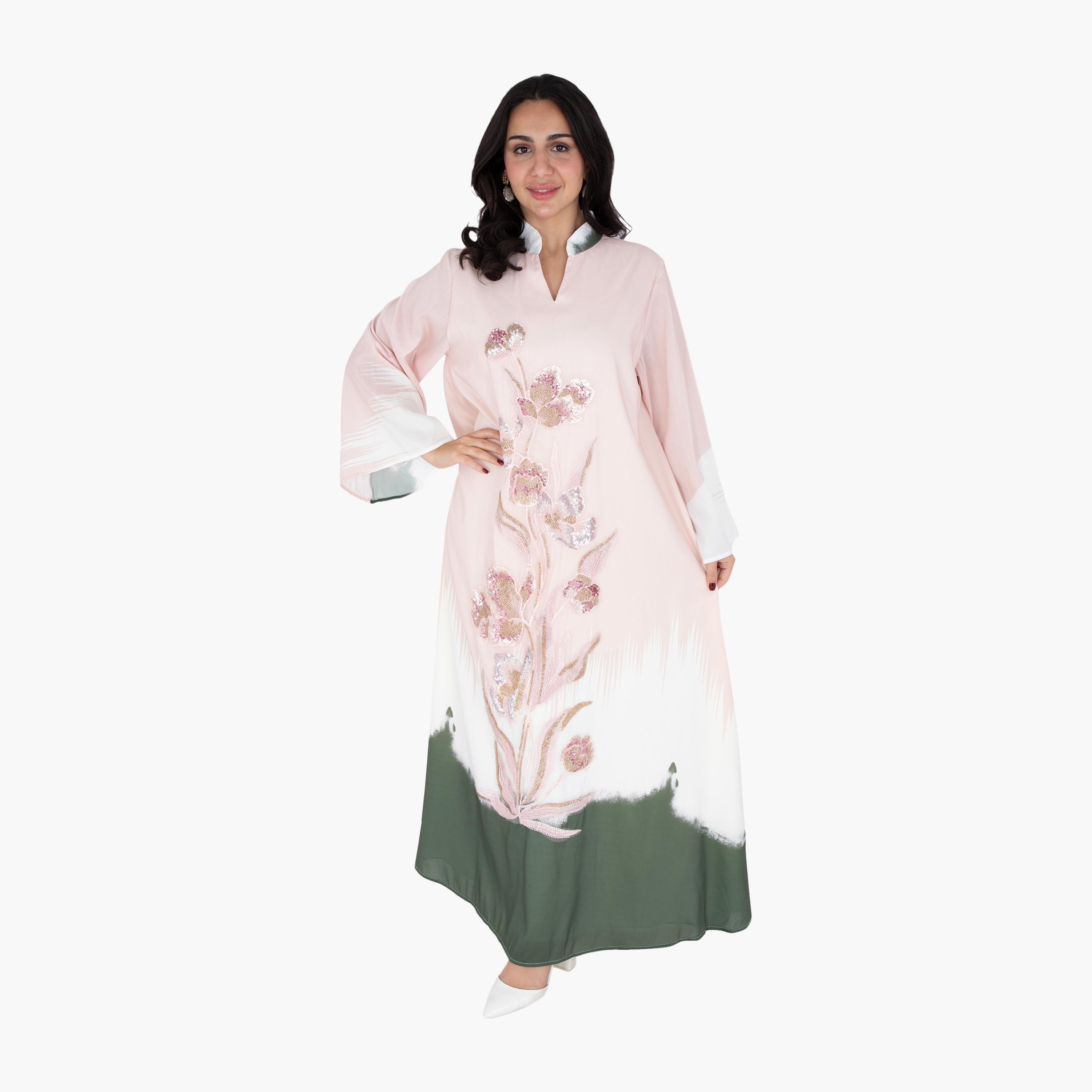 IKKXA Ombre & Beaded Flowers Flared Sleeves Women's Evening Jalabiya-women-arabicclothing-jalabiyas-image-11