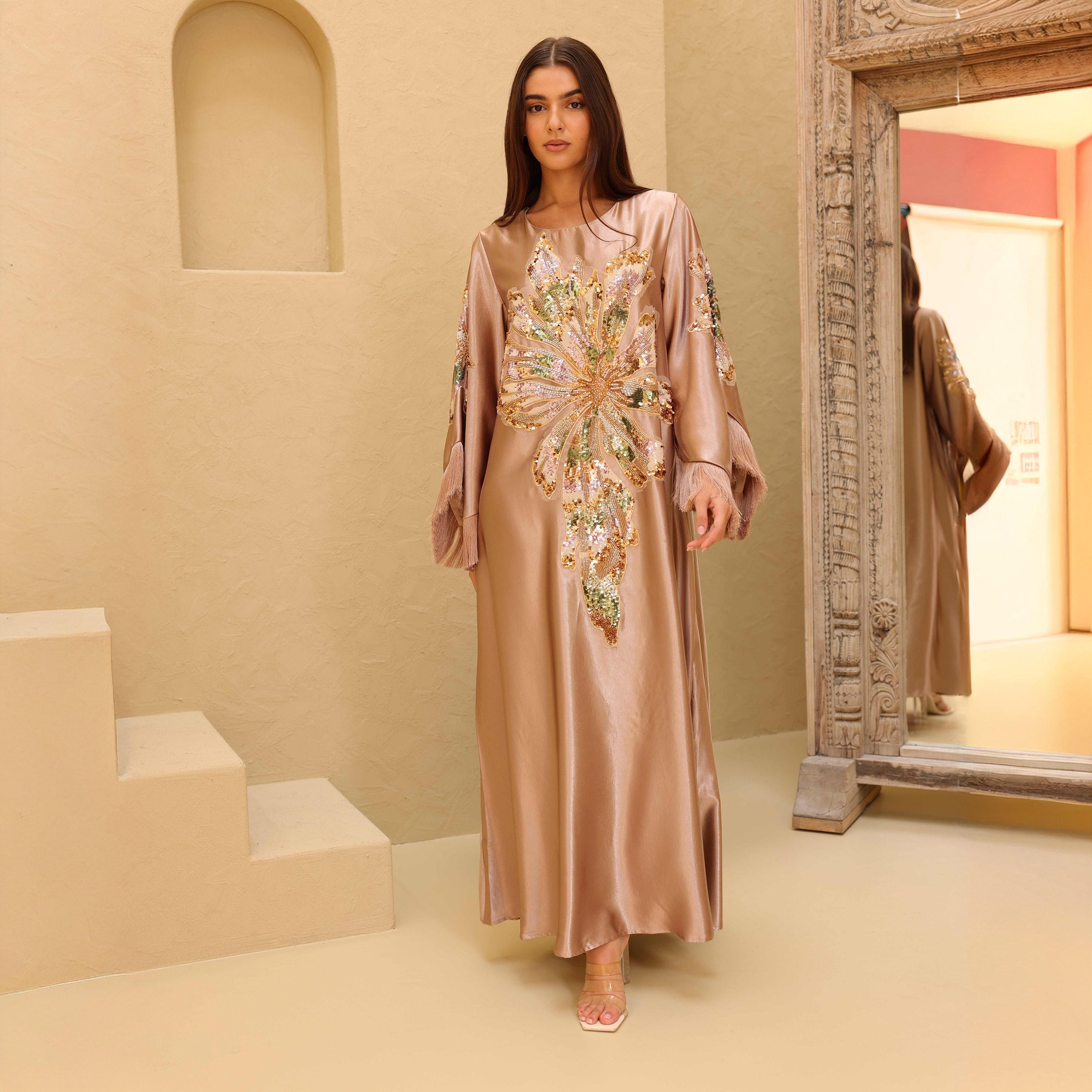 IKKXA Beaded & Sequined Flower Fringed Flared Sleeves Satin Sheen Women's Evening Jalabiya-women-arabicclothing-jalabiyas-image-6