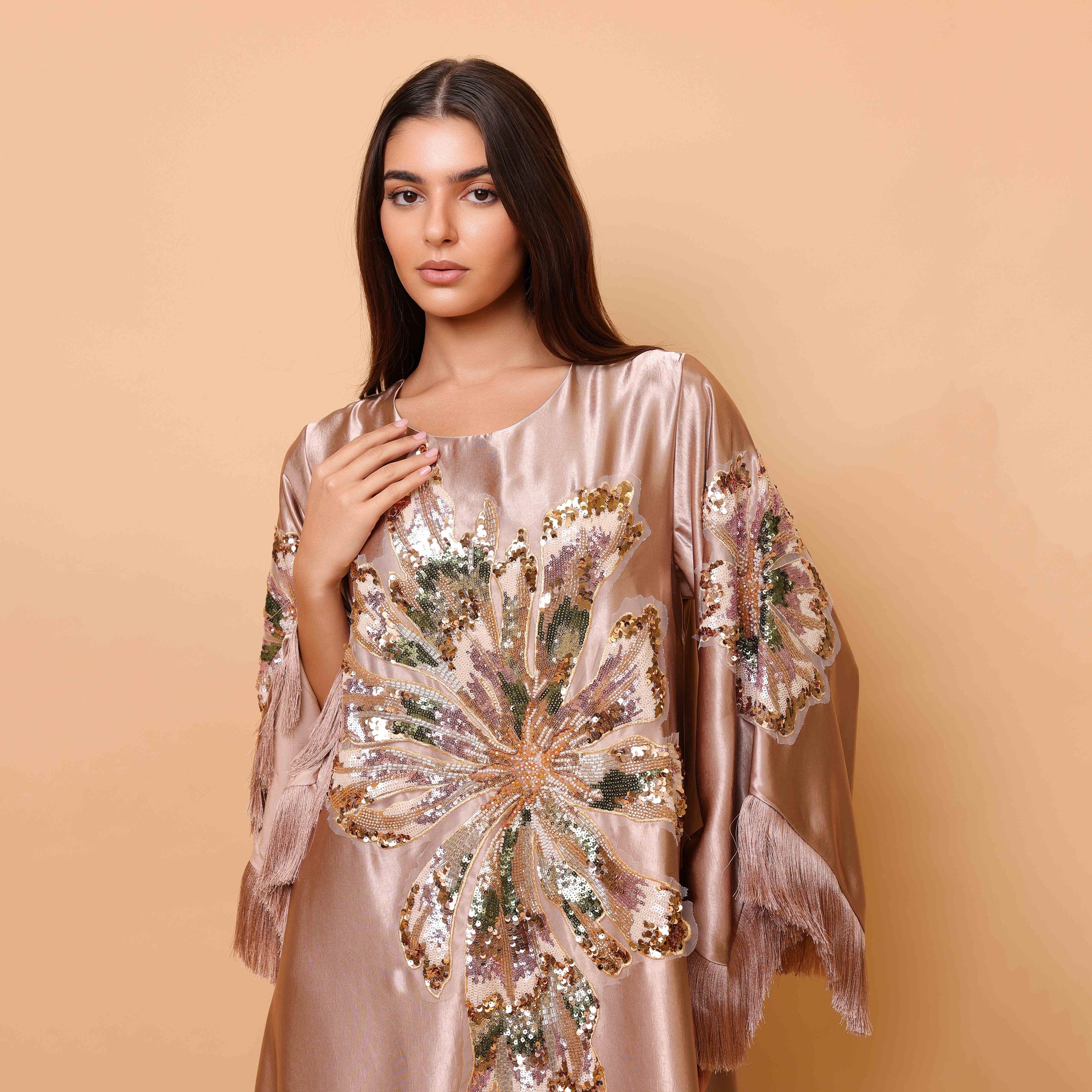 IKKXA Beaded & Sequined Flower Fringed Flared Sleeves Satin Sheen Women's Evening Jalabiya-women-arabicclothing-jalabiyas-image-7