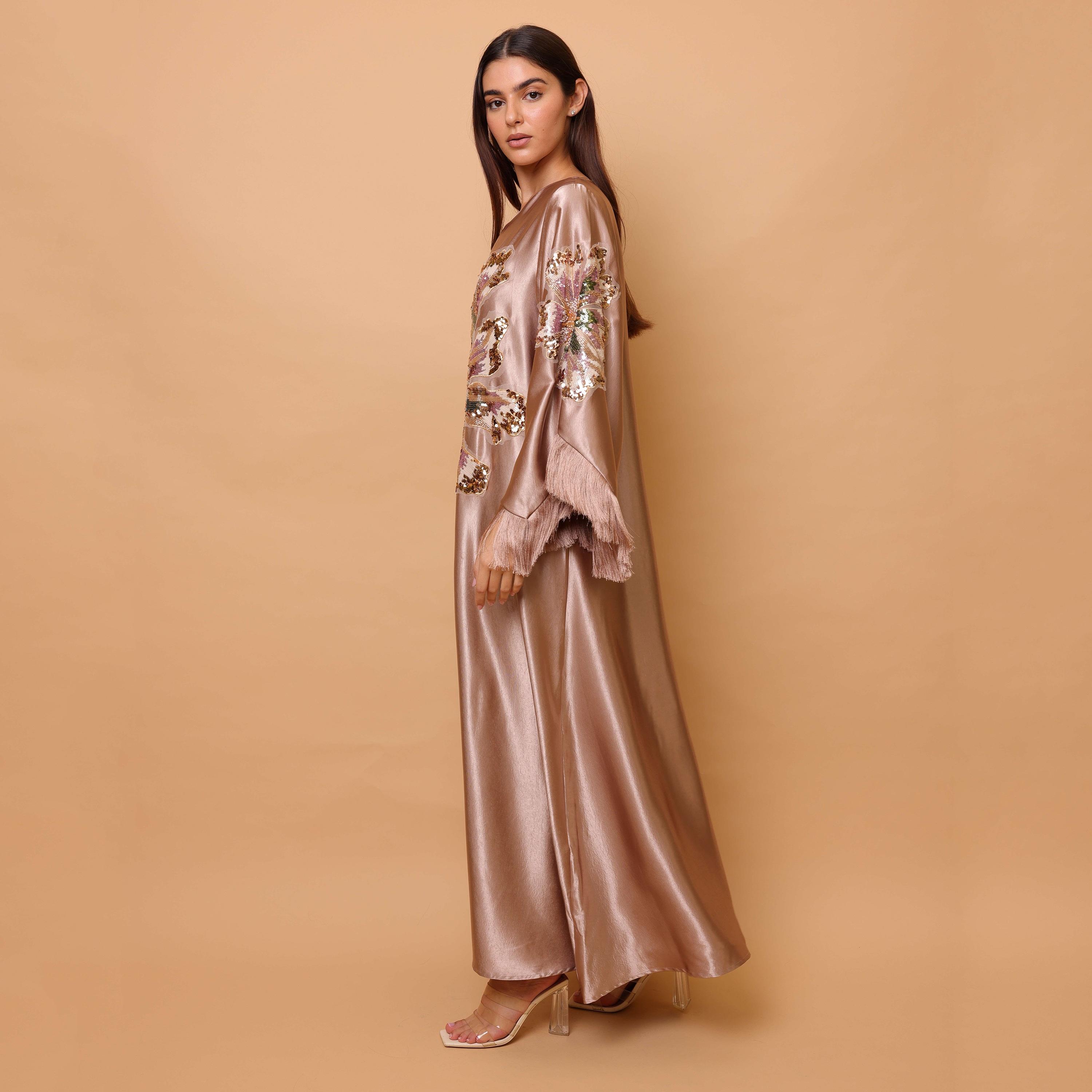 IKKXA Beaded & Sequined Flower Fringed Flared Sleeves Satin Sheen Women's Evening Jalabiya-women-arabicclothing-jalabiyas-image-8