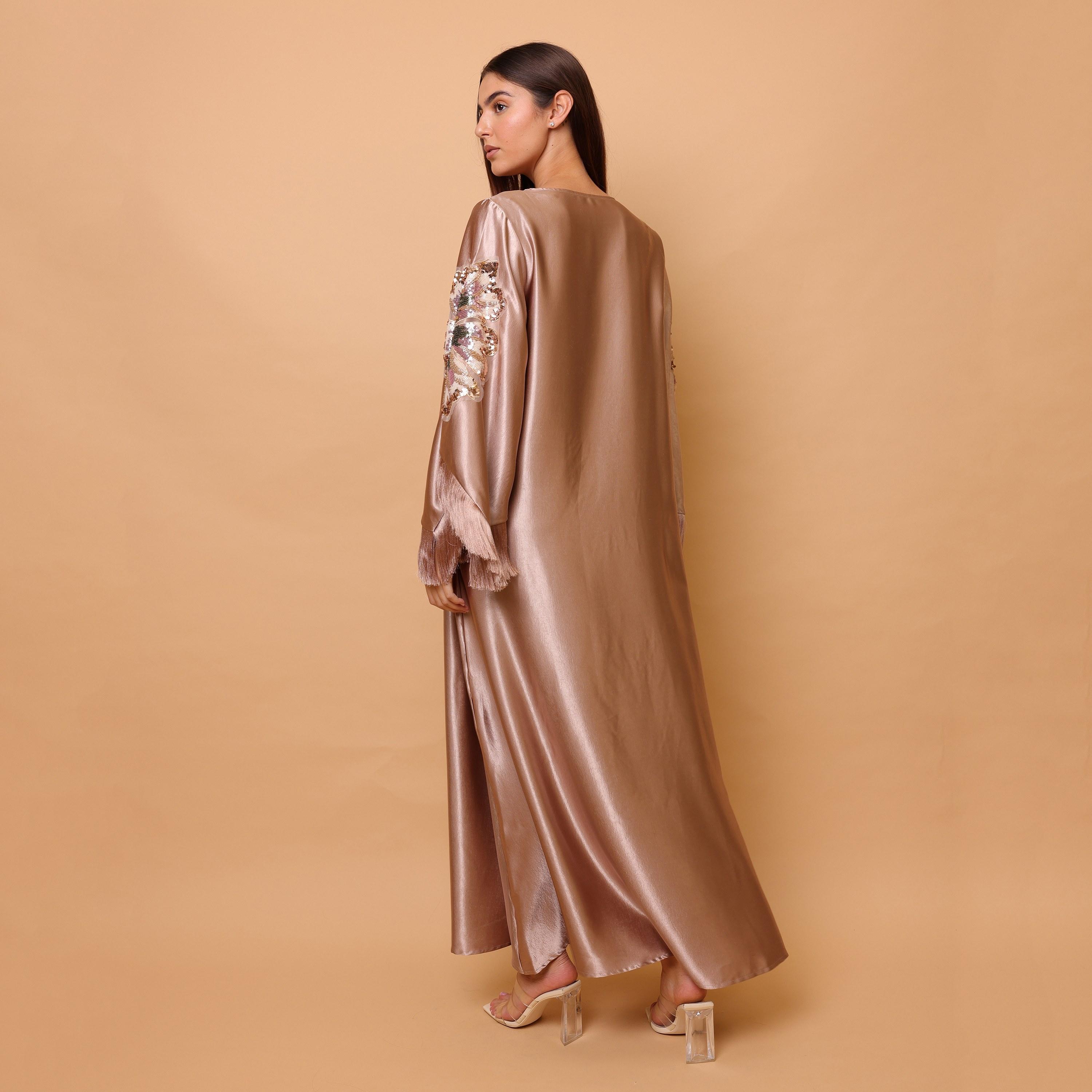 IKKXA Beaded & Sequined Flower Fringed Flared Sleeves Satin Sheen Women's Evening Jalabiya-women-arabicclothing-jalabiyas-image-9